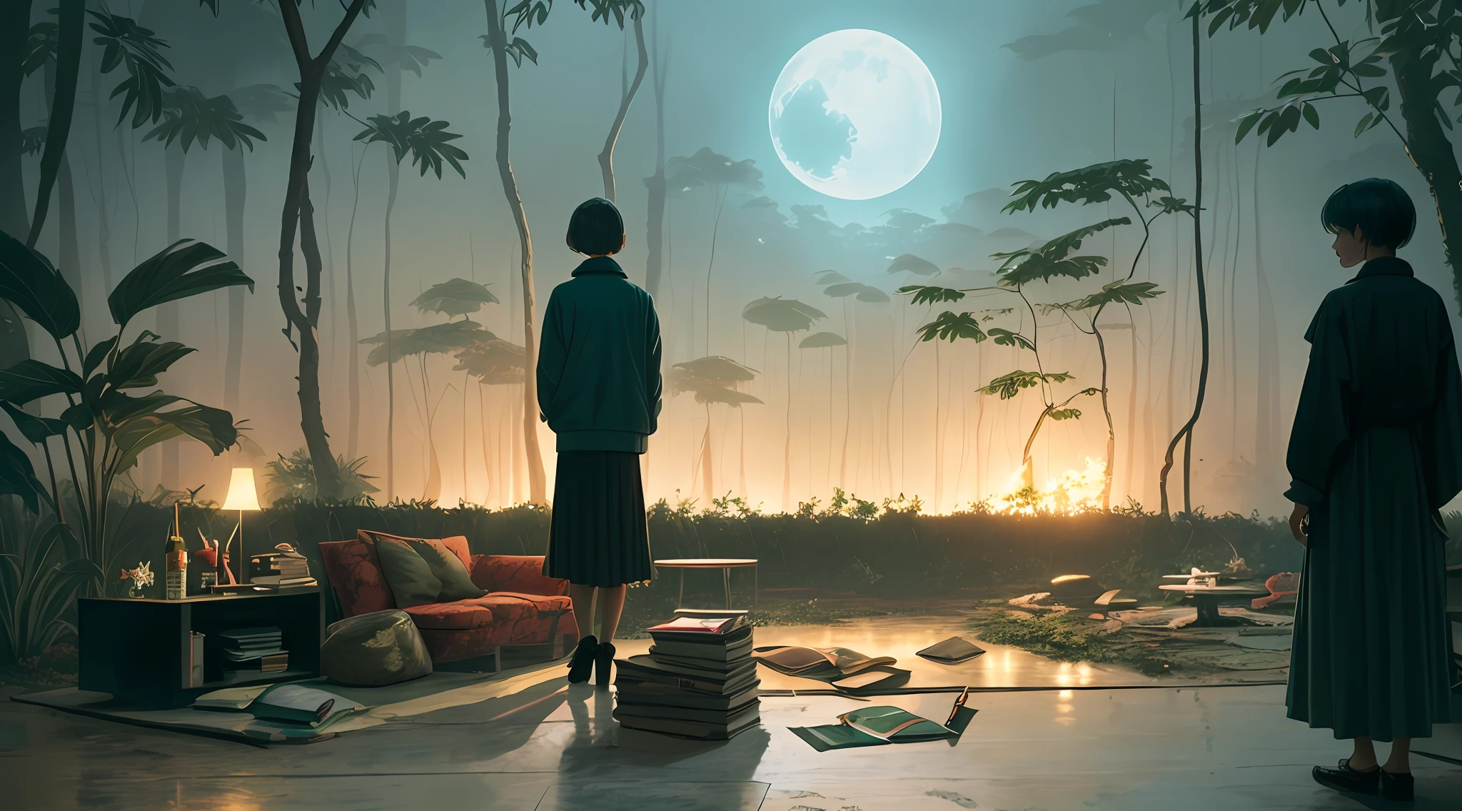 ((rainforests)),Short hair girl,smoking a cigarrette,Shabby room,Poetry,Don't moon
