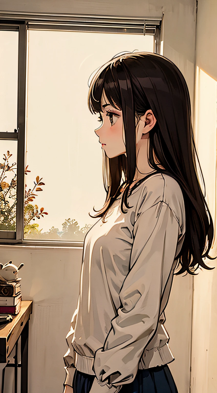 The brunette girl was alone in her bedroom,The expression was very lonely