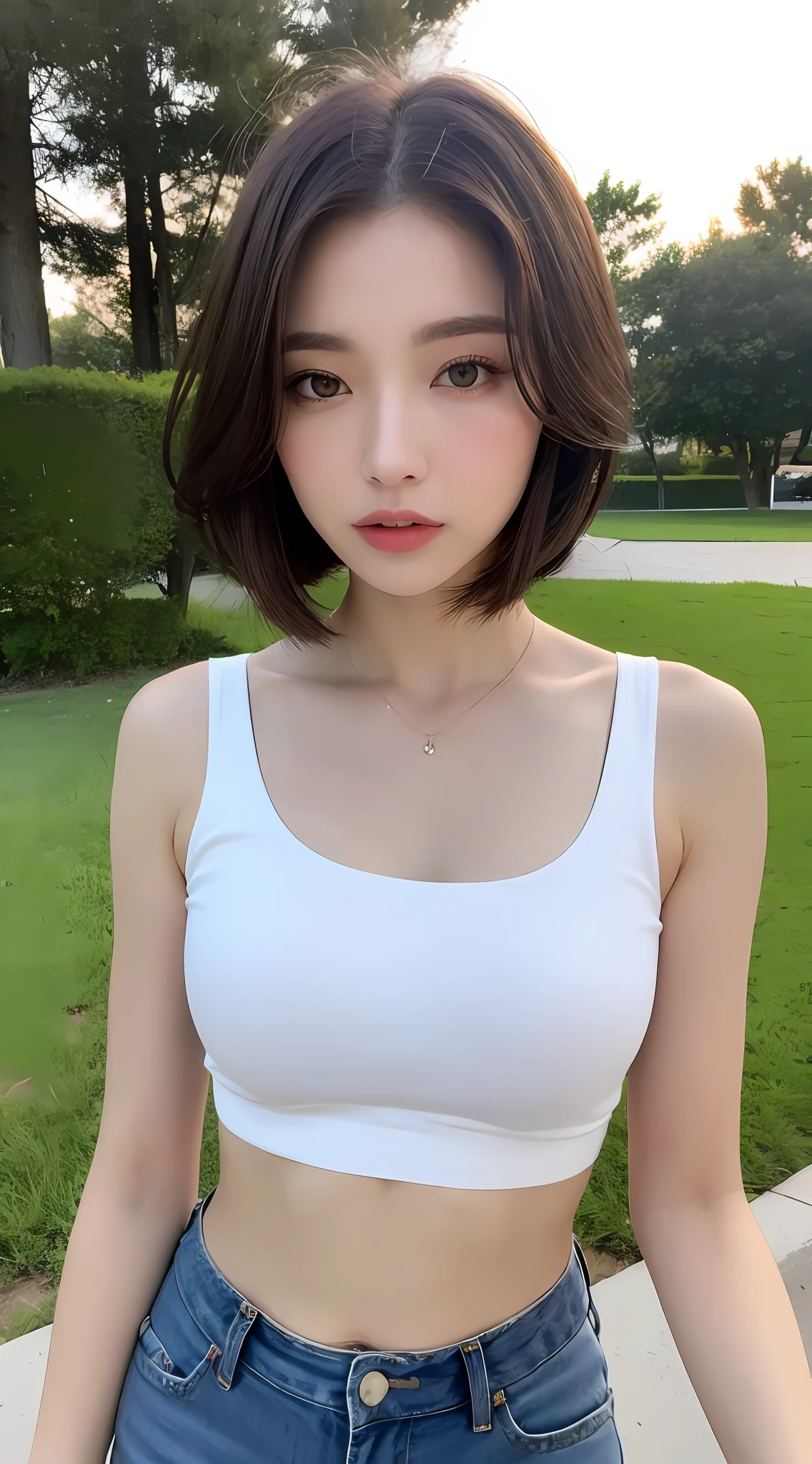 ((Realistic lighting, Best quality, 8K, Masterpiece: 1.3)), Clear focus: 1.2, 1girl, Perfect beauty: 1.4, Slim abs: 1.1, ((Dark brown hair)), (White crop top: 1.4), (Outdoor, Night: 1.1), Park view, Super fine face, Fine eyes, Double eyelids,