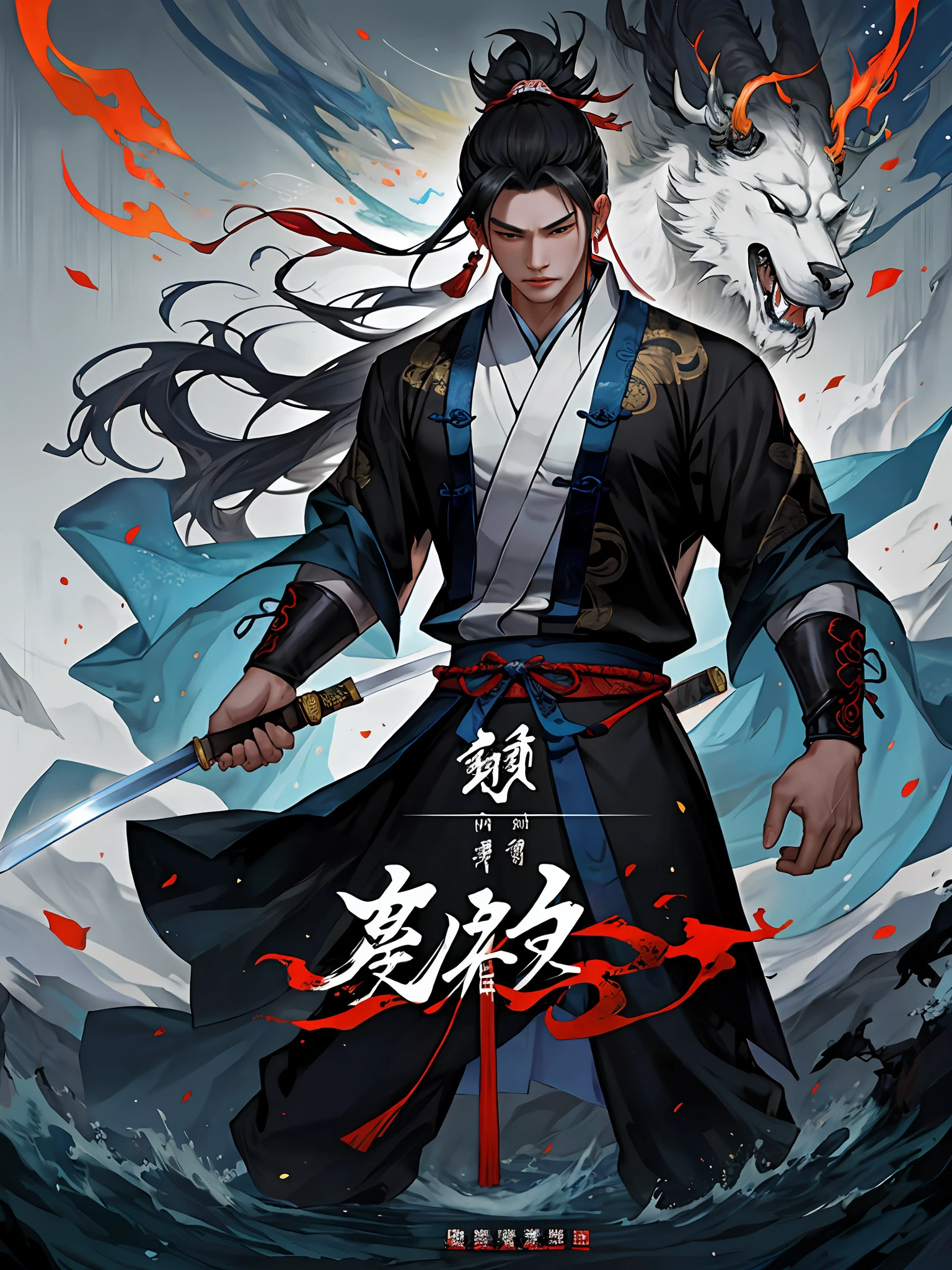 8K perfect picture quality,extreme hight detail,anime posters,Animated wallpapers,anime poster of a man with a sword in a dark room, full body wuxia, xianxia hero, Wuxia, inspired by Wu Daozi, inspired by Guan Daosheng, inspired by Zhang Wo, inspired by Zhao Mengfu, Inspired by Cao Zhibai, Inspired by Zhao Yuan, by Yang J, inspired by Hong Ren