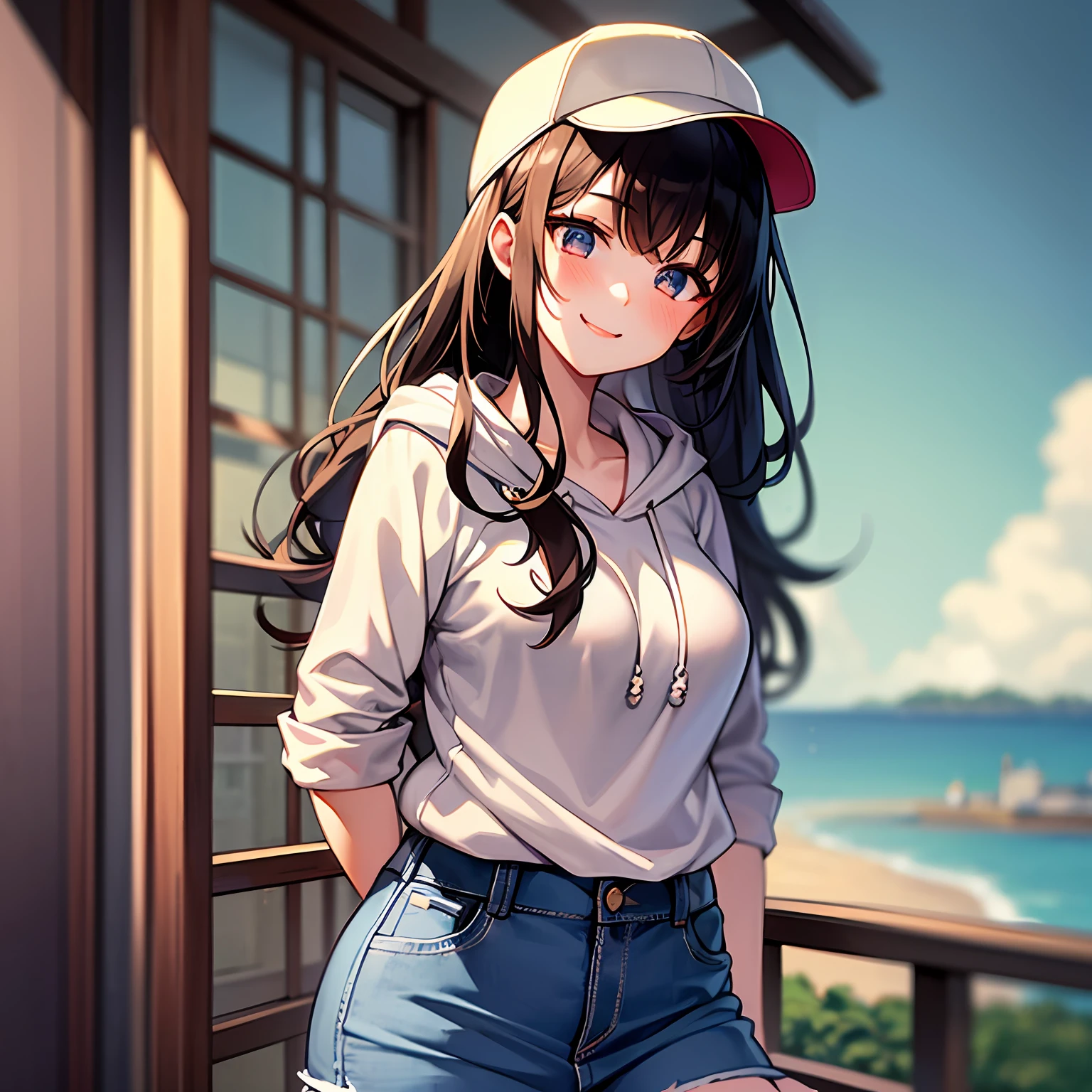 1girls, Height 148cm、Bust 85cm、Waist 56cm、Hip 85cm、F-cup、23yo、very baby face、Brown-haired、ponie tail、T-shirt with border pattern、White hoodie、Denim miniskirt、Shonan coast in summer、Happy smile、Blur the background a lot