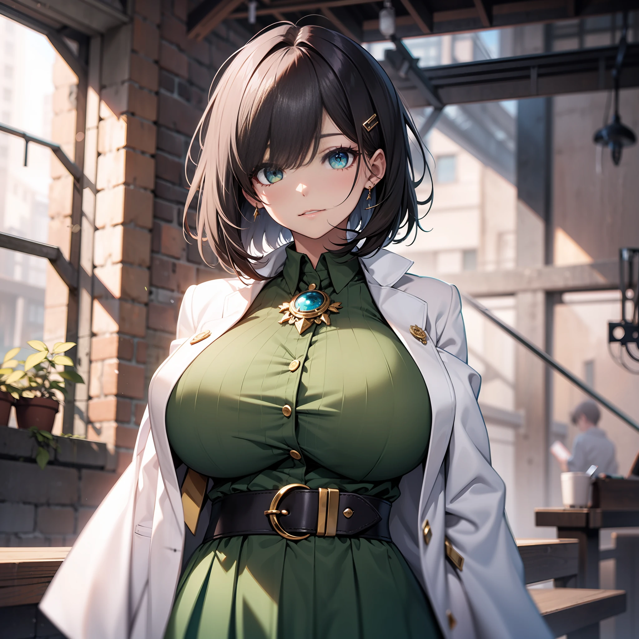 researcher、Hanging eyes、Increased hair volume、bob cuts、white robes、HugeBoobs、brooch、Green Shirt、Long skirt、