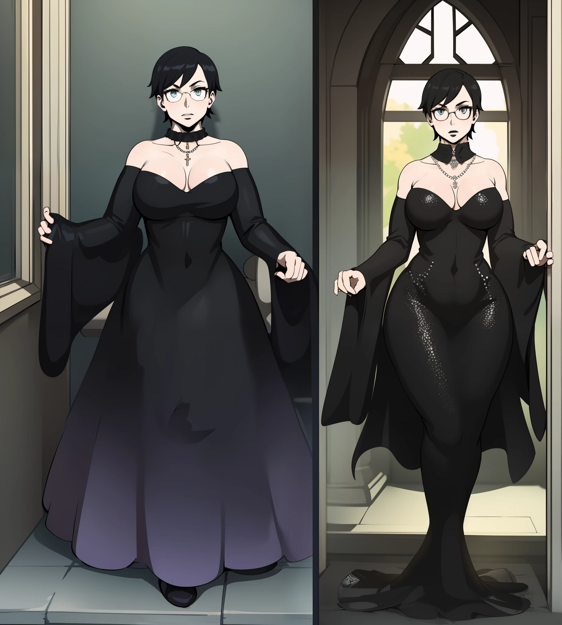 Cheveux courts, robe longue, chiffons noirs, tomboy, cheveux noirs, maquillage, Goth, verre,sein moyen, christian, Croix latine, seul, forest, full clothed, victorian cloths, Jupe longue, marche, portait, corps entier, chiffons noirs