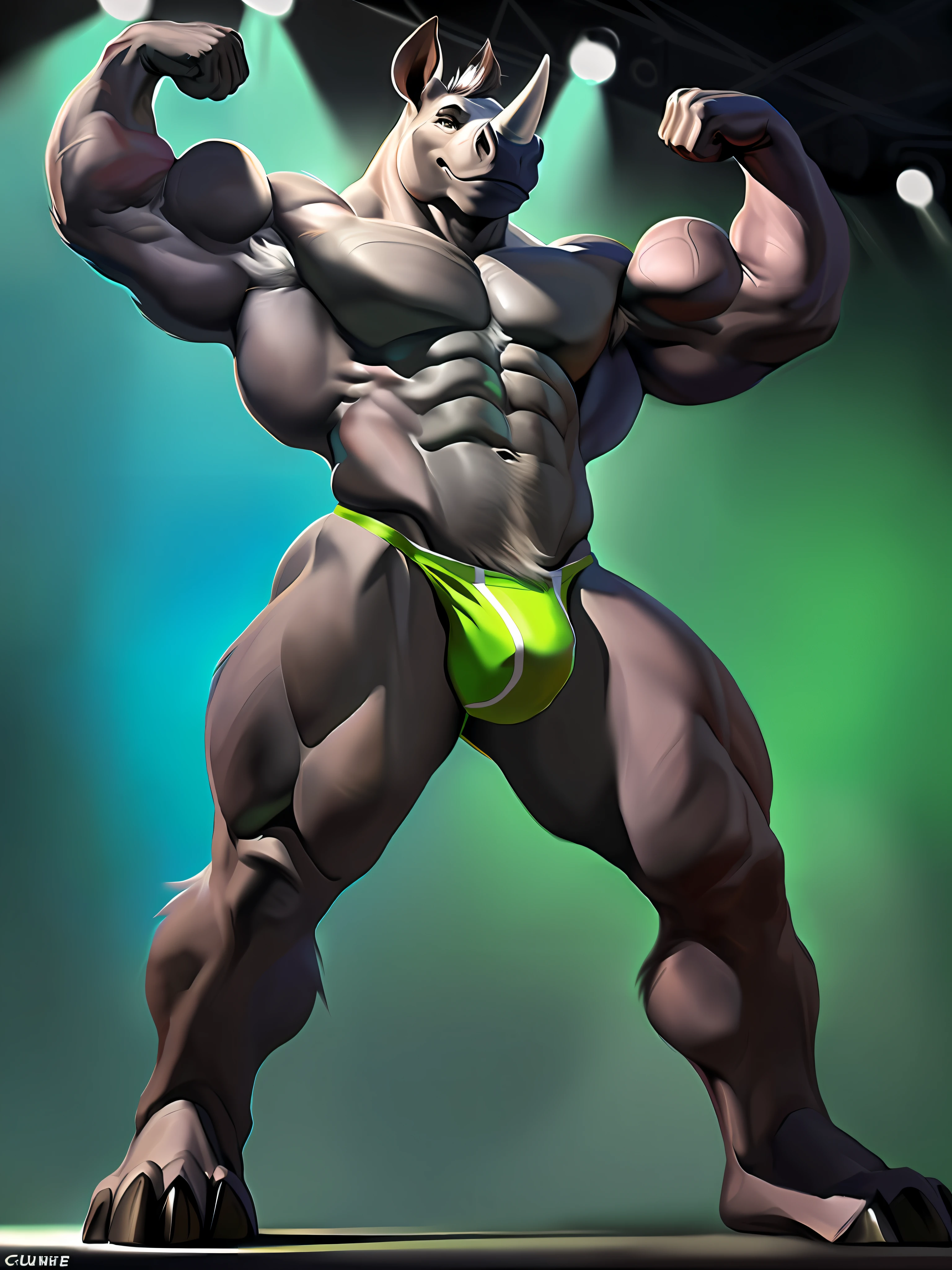 4k, high resolution, best quality, perfect colors, perfect shadows, perfect lighting, posted on e621, correct body proportions, (soft realistic colours), furry body, ((bald head)), solo, anthro rhino male, (middle-aged:1.2), full length, brutal, rhino tail, (very muscular, abs, bodybuilder build, ripped, manly, heavyweight:1.3), bare torso, correct anatomy, (realistic fur texture, hairs:1.4), detailed background, venue background, bodybuilding contest, (correct hands), artificial lighting, spotlights, (by Chunie), (correct eyes:1.3), big rhino horn, posing, (both biceps flexing:1.4), (green posing thong:1.2), bulge, oiled fur, smug, view from below