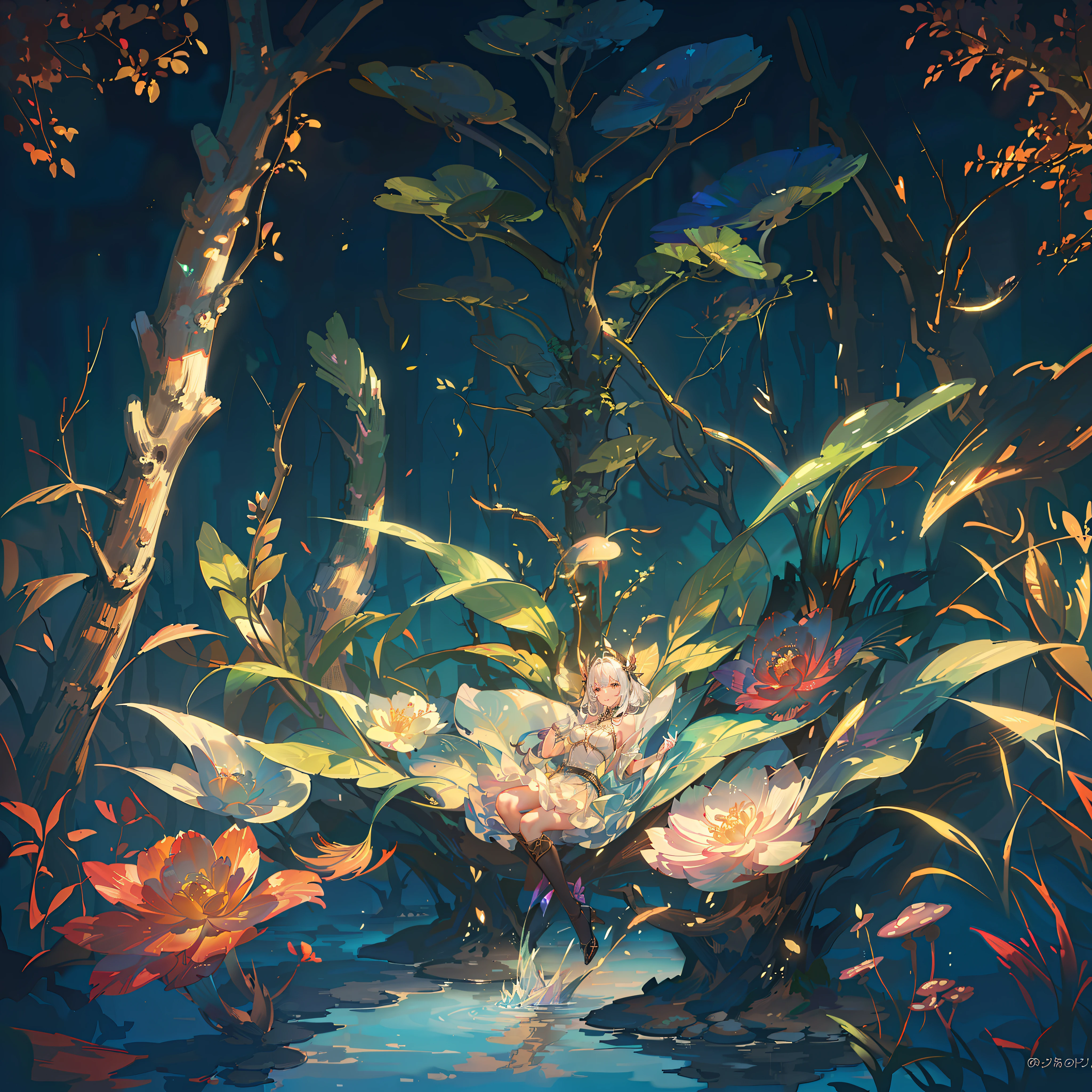 An ultra-detailed CG masterpiece portrait of a magical world, with a night-time mystical forest and a magic lake that has an underwater temple in its center. The surroundings are misty, and the ground is filled with wild mushroom and iridescent flowers in the foreground, magical crystal in the center shining bright yellow