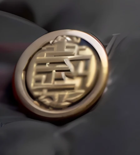 a close up of a button on a jacket with a gold medallion, coin, ancient symbol behind it, heavy jpeg artifact blurry, details face, the seal of fortune, coin of secret society, made of bronze, stamp, closeup shot of face, metallic buttons,