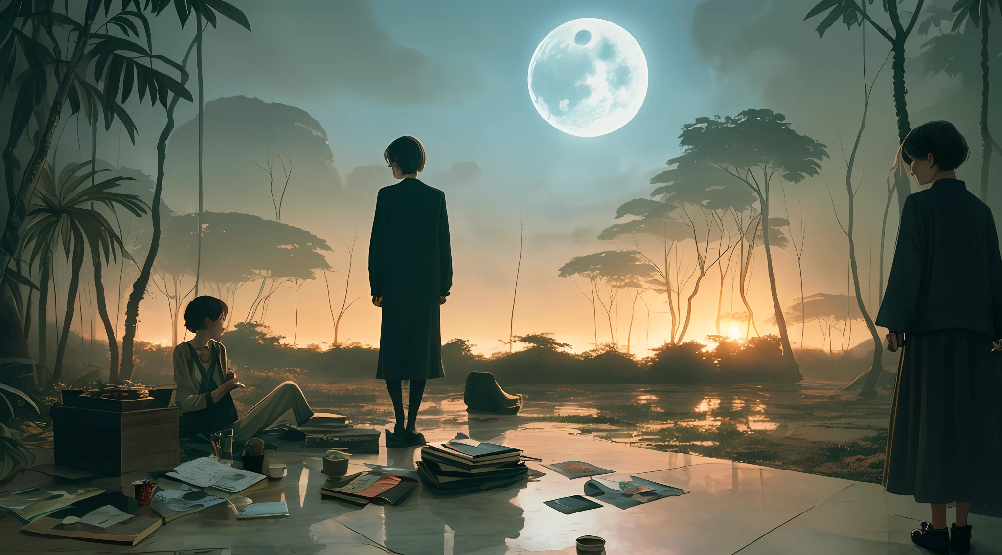 ((rainforests)),Short hair girl,smoking a cigarrette,Shabby room,Poetry,Don't moon