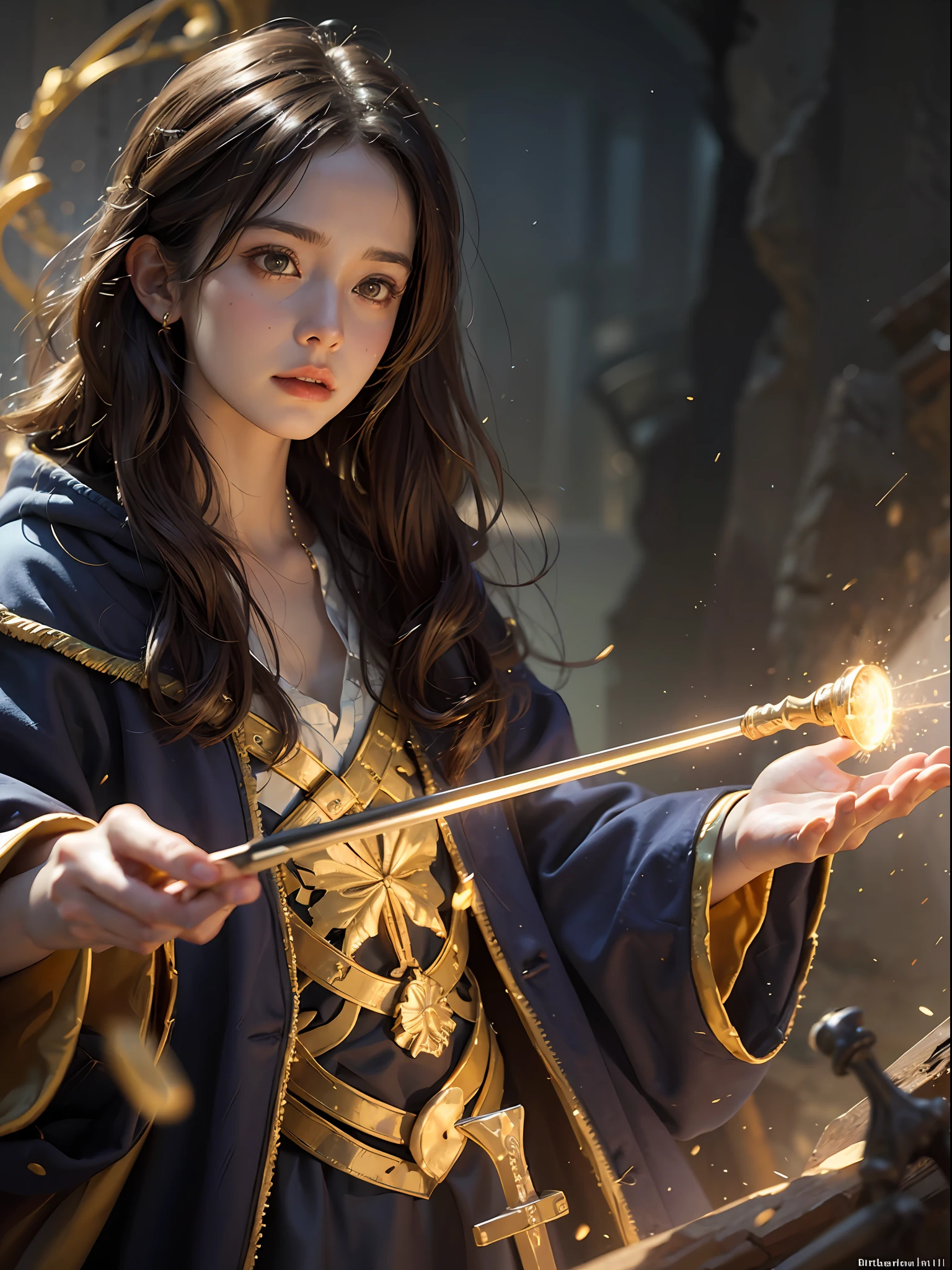 1girl, solo focus, child,  Hermione Granger，realistic， in long hogwarts robes， casting a spell, waving her wand with golden particle effects, lumos maxima against a skeleton soldier in a dark cave, cinematic lighting, trending on ArtStation, by Irakli Nadar, Greg Rutkowski，(((best quality))),(((ultra detailed))),(((masterpiece)))