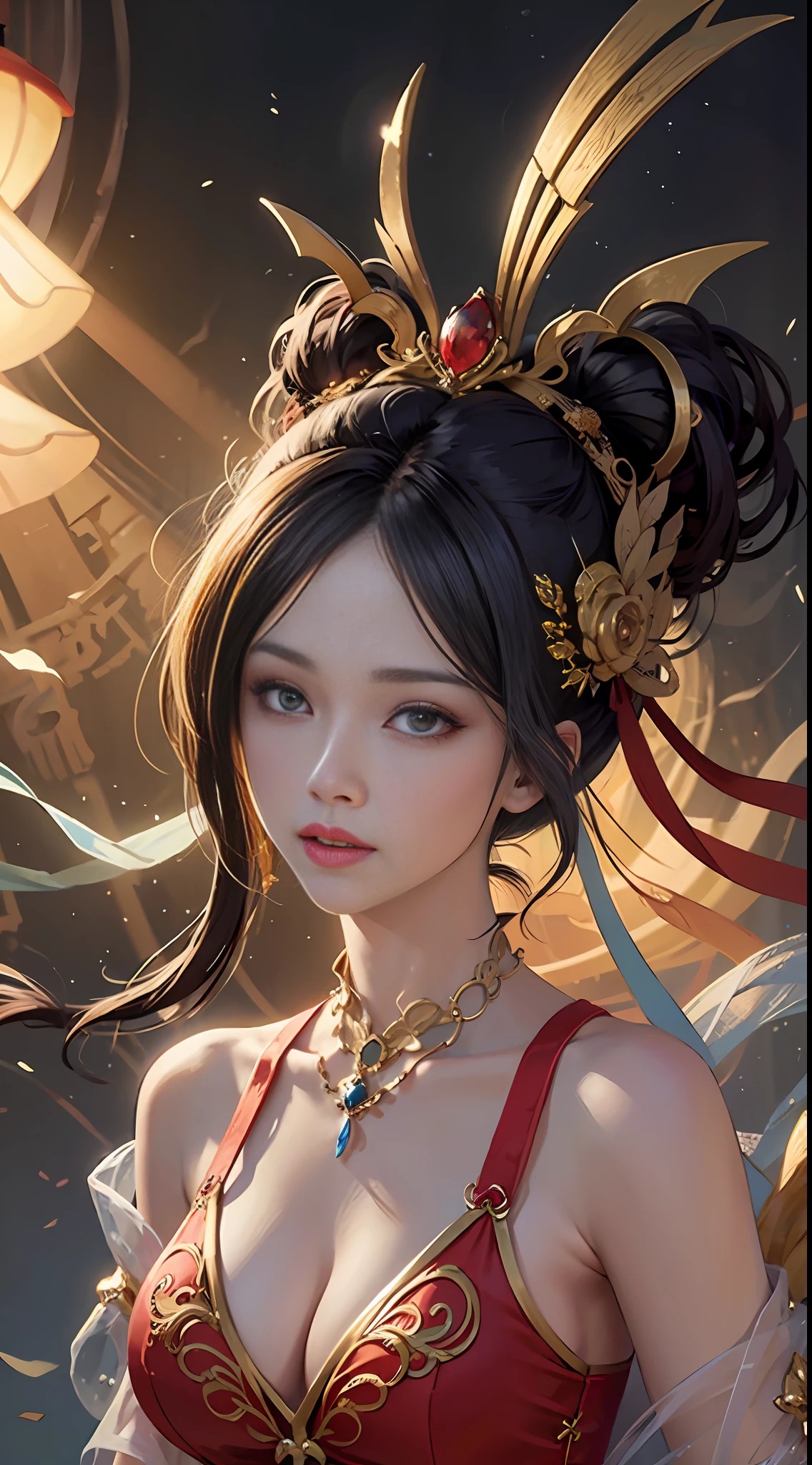 1 girl winks，
dunhuang_cloths，
dunhuang_style，
best qualitiy，逼真，逼真，award winning illustration，（Complicated details：1.2），（exquisite detailing），（Complicated details），（Movie light，Best quality backlight），清晰的线条，fashionGirl，Sharp focus，Realistic face，Detailed face，Art officiel，Unity 8k wallpaper，The ultra-great resolution，（realistic big breasts：1.5），sportrait，dignified，Soaring clouds through the fog