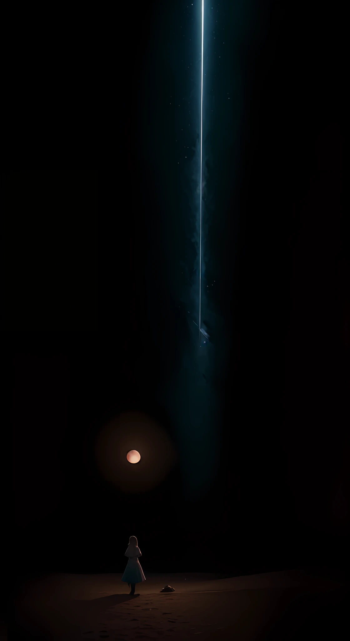 A wild dark desert,There are a lot of black rocks there, Five beams of light fell from the sky, a silver ship is flowting in the sky, 4K, a woman is wearing balenciaga haute couture standing in the middle of the wild dark desert, Bosch painting style, (Highly detailed, Ultra detailded, an intricate), (Lens flare:0.7), (full bloom:0.7), Particle effects, raytraced, Cinematic lighting, Shallow depth of field, photographed on a Sony a9 II, 35mm wide angle lens, Sharp focus, 《Gravity 2013》cinematic stills, pov from behind, Dynamic angle
