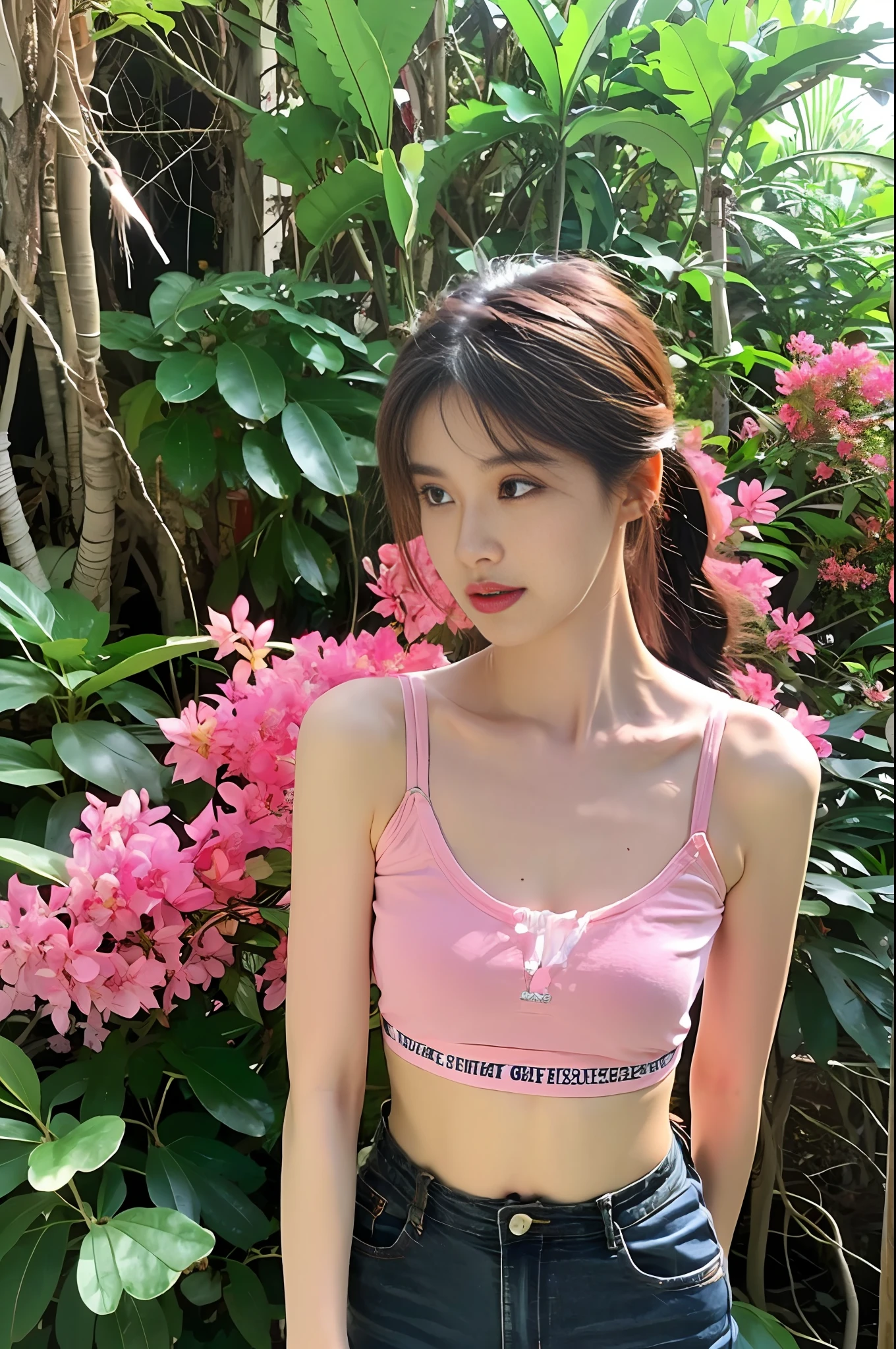 (highly detailed body, highly detailed face, best quality:1.2) ,A Woman, look at viewer, (Pink bra, Jeans), (Pink bougainvillea mess in background:1.4)