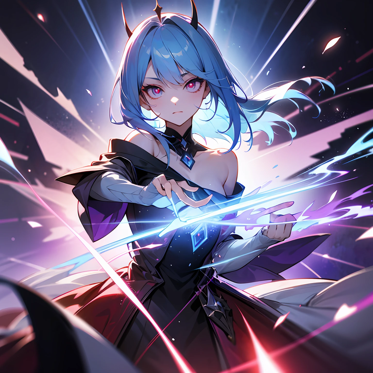 a girl、blue hairs、multicolored eyes、resplendent、blue eye、purple colored eyes、Red eyes、bare shoulder、Devil's Eye、magical circle、Particles of light、light ray、wall paper、 --auto