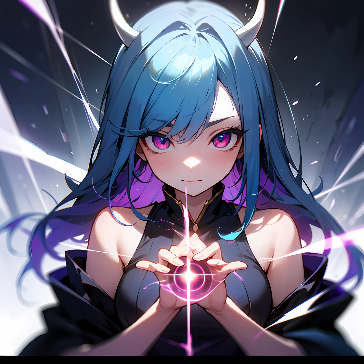 a  girl、blue hairs、multicolored eyes、resplendent、blue eye、purple colored eyes、Red eyes、bare shoulder、Devil's Eye、magical circle、Particles of light、light ray、wall paper、 --auto