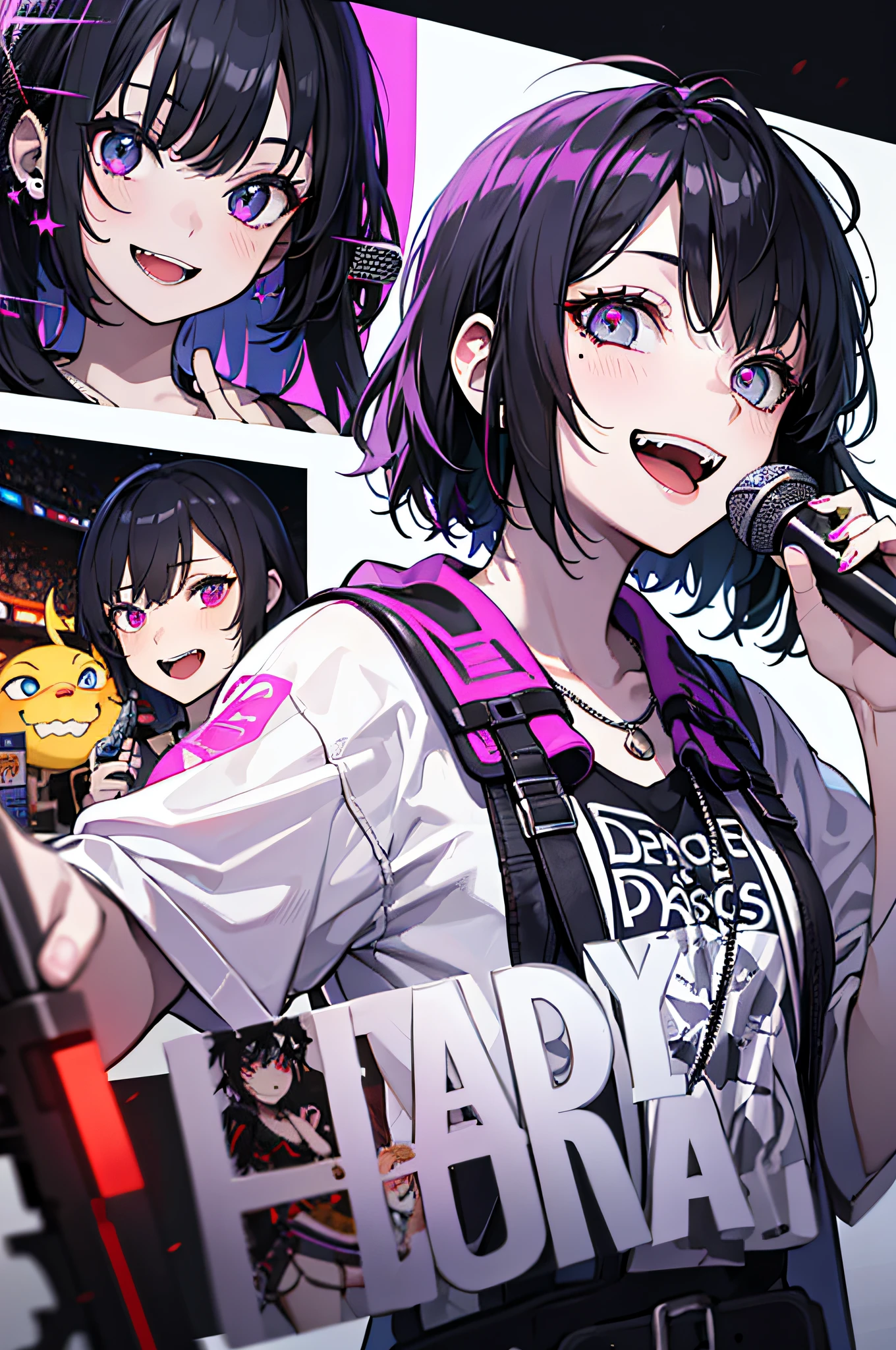 (Master Masterpiece:1.3), Realistic epic、Cinematic lighting、absurdist, ultra-highres, Highly detailed、1girls, (Crazy smile:1.2) , two tone hair , bangs bangs , Crazy eyes , Purple and black color scheme, shout , shinning eyes, red-eyed, Luminous Eyes、Insanity、Demonic、psychedelic、dystopia、parade、Punk rock with microphone stand、Live concert advertising poster