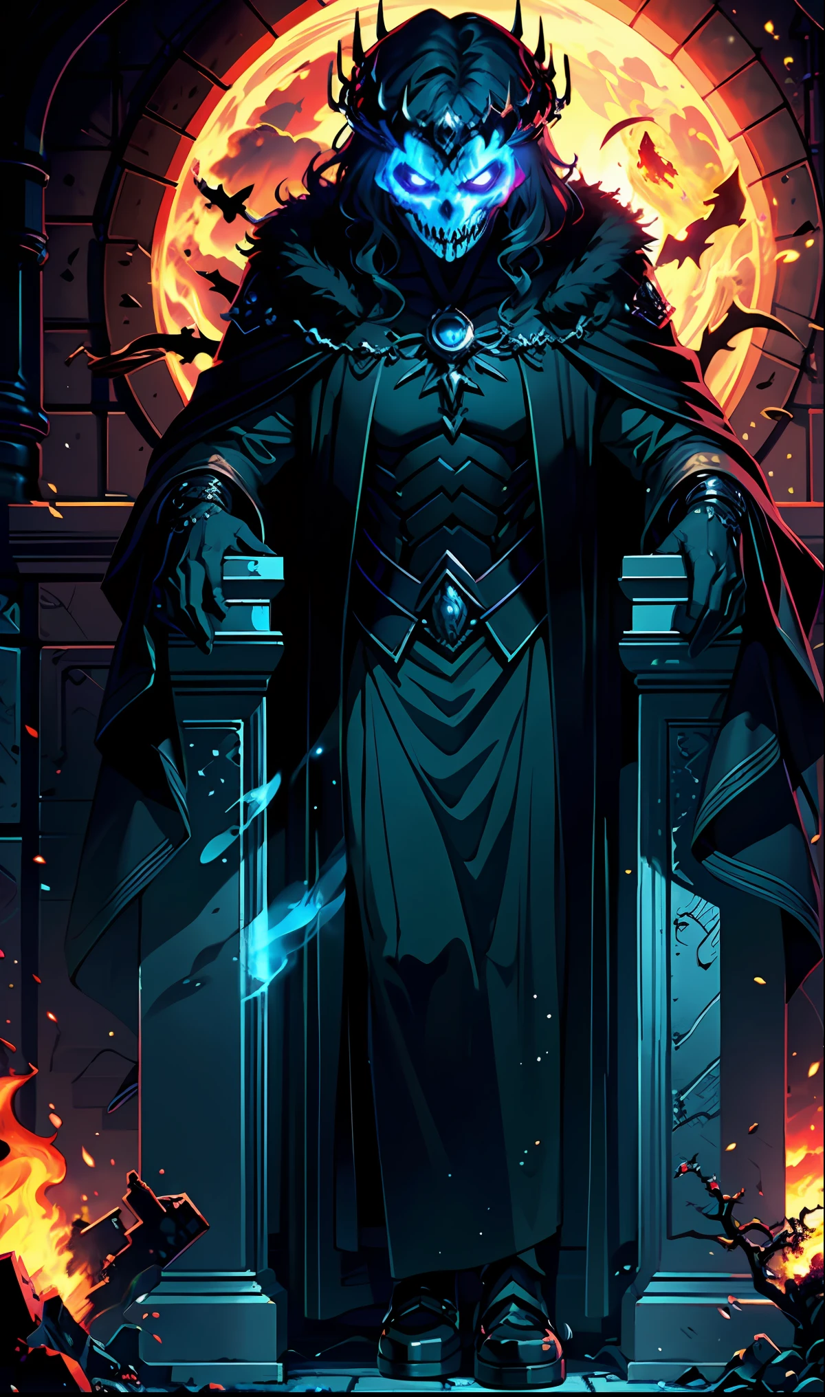 (extremely detailed CG unity 8k wallpaper, masterpiece, best quality, ultra-detailed), (Heaven: 0.6 + Hell + Ghost: 1.2 + Hades: 1.5+ Underworld: 1.4), King of Yan, Throne, Crown, Green Clothes, Mask, Dill Red Light, Flames, Underworld Background, HD Sharp, Extremely Realistic.