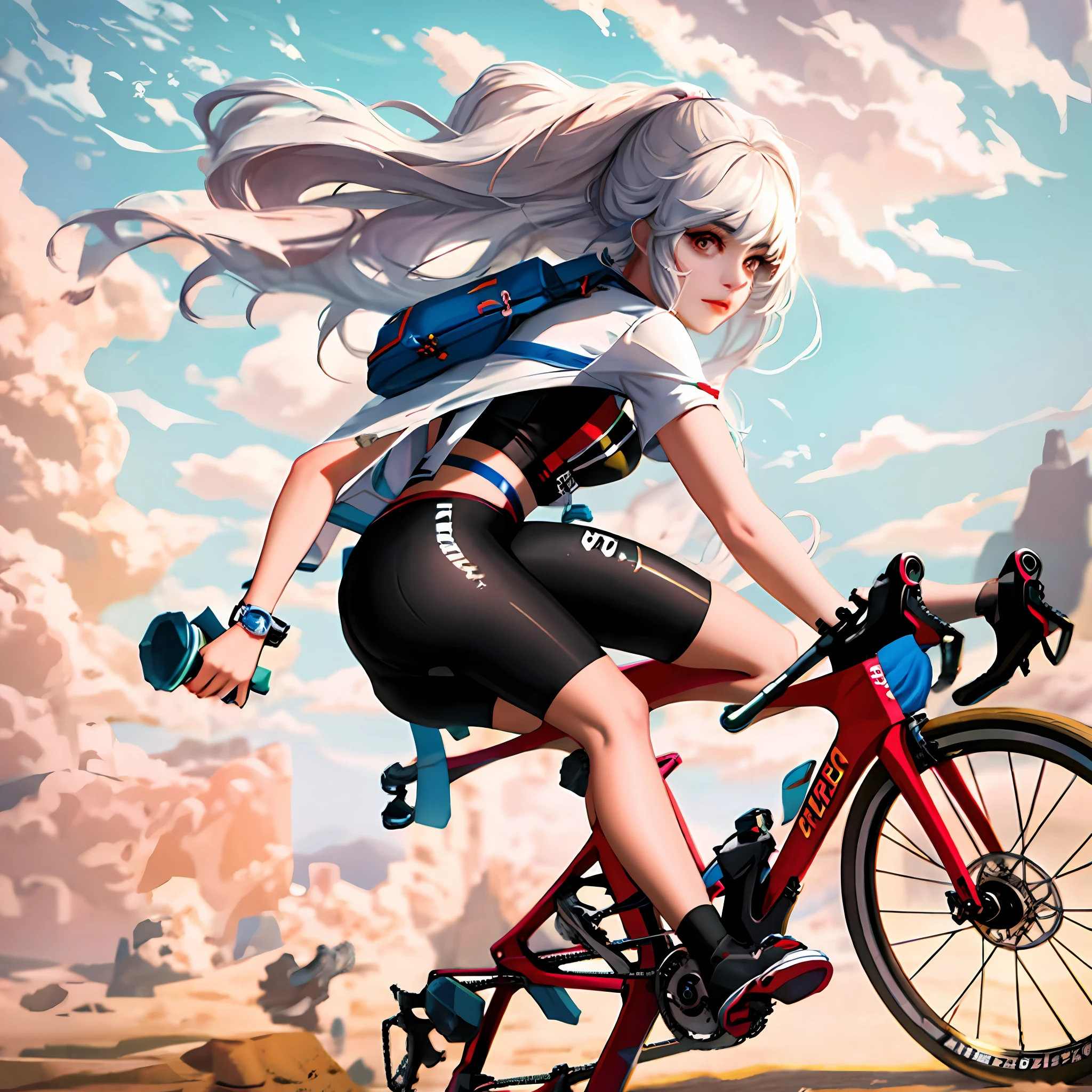 Mulher loira andando de bicicleta no deserto com uma montanha ao fundo, stunning digital illustration, bela arte digital, lindo pintura digital, pintura digital impressionante, epic digital art illustration, deviantart artstation cgscosiety, epic digital painting, 3 d render arte do caractere 8 k, ciclismo!!, Arte no estilo de Guweiz, Wojtek FUS