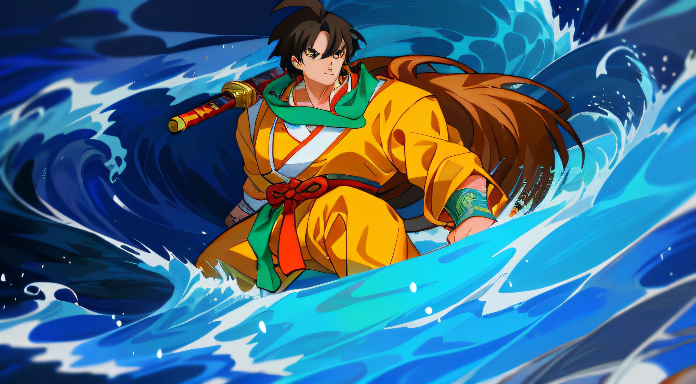 cartoon illustration of a man in a yellow outfit riding a wave, legendary god holding spear, son goku, Inspired by Hu Zaobin, taoist, akira from chinese mythology, the god of the sea, the god poseidon, god of the ocean, Inspired by Huang Shen, atlantean warrior, furious god Zeus, Guan yu, taoist