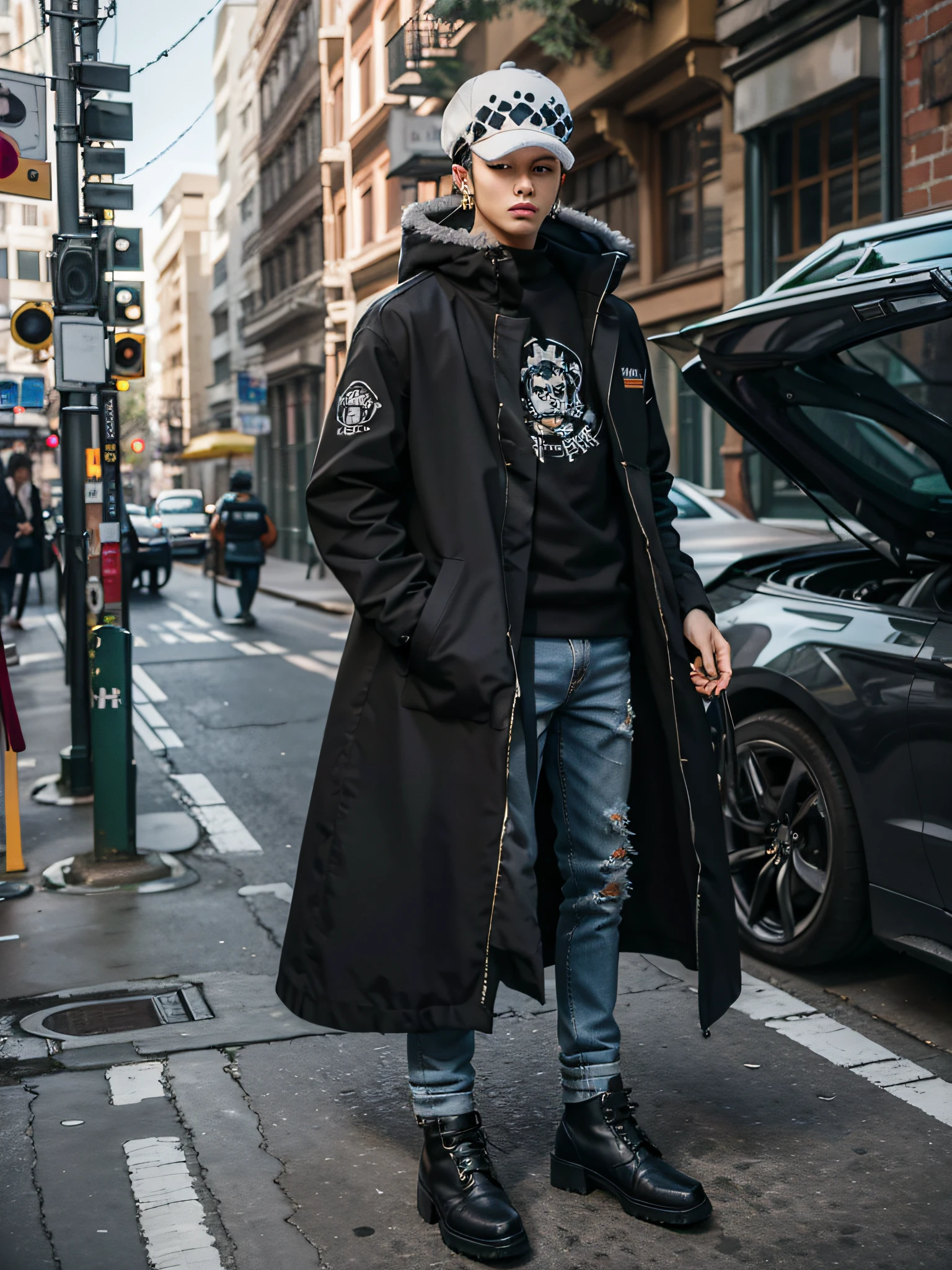 masterpiece,best quality,8k,highestres,absurdres, extremely detailed, punk coat,black coat,full body, 1boy,hat,earrings,
