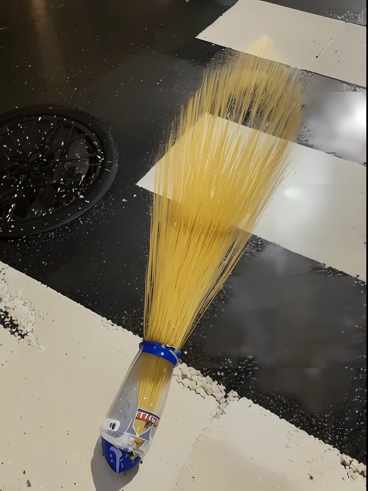 Rockets spray out of pasta, , , spray brush, robot art cracking the road, wet floor on streets, majestic sweeping action, unknown artist, very accurate photo, raking light, flour dust spray, finely painted, beautiful image, Hyper-realistic, hyper - realistic, Amazing art Add a little smoke effect around the rocket
