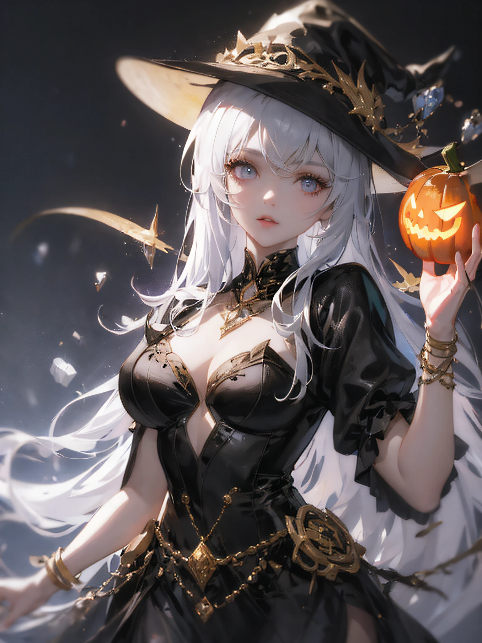anime girl in a witch costume holding a pumpkin in her hand, Guweiz in Pixiv ArtStation, Guweiz on ArtStation Pixiv, flirty anime witch casting magic, Guwiz, beautiful sorceress, beautiful sorceress, guviz style artwork, Fanart Meilleure ArtStation, portrait of a sorceress