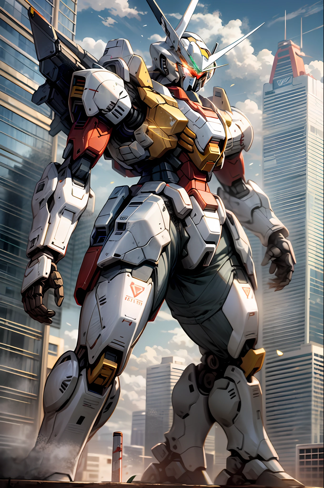 sky, cloud, holding_weapon, no_humans, glowing, robot, building, glowing_eyes, mecha, science_fiction, city, real, mecha, masami ohari, gundam