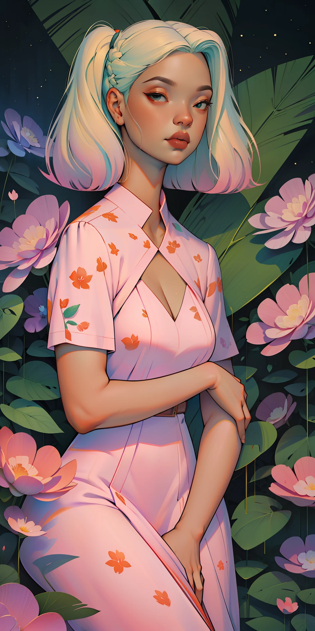 A glorious sunrise, aura, glow, aurora, Spectrum Rainbow, Background, in chic lavender white mint hair, pastel, mixed-language_SMS, (beautiful and clear background:1.2),, fantastic paintings , High detail eye lace, Long pigtails, braid, cosmos, galaxy, Long Hair, cool hairstyle, Flora Peony, poppy, hydrangea, Plants, Loving, Love, ultra detailed hair, Best Quality, hig quality, high-resolution, detail enhancement, ((most beautiful image in the world)), Masterpiece, Best Quality, High Quality Detail Enhancement, ((most beautiful image ), Shiny hair, ultra chic dress print, Stampa Flores, art by stjepan sejic, art by j scott campbell, art by guillem march, art by citemer liu, 4k, high-resolution, comic book character, comic, high quality detailed, style of ::2.0 comix illustration style,tatoon style, hig quality, high-resolution, detail enhancement, 8K, HD, Best Quality, hig quality, high-resolution, detail enhancement, 8K, HDR, Sharp focus, Ultra Detailed, Perfect lighting, Curvy Body, Lush breasts, Curvy hips, Sits