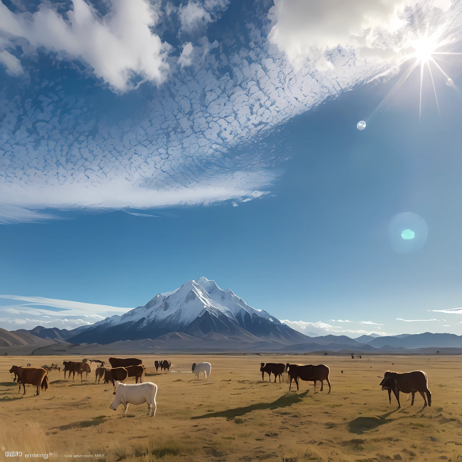 Ultra-high-definition realistic Tibet's magnificent scenery,The upper part is a high snow-capped mountain,White in color,Illuminated by golden sunlight,volumettic light,blue sky with white clouds,The lower part is a blue mirror-like lake,Next to it is a vast grassland,Herds of cattle and sheep on the steppe --auto