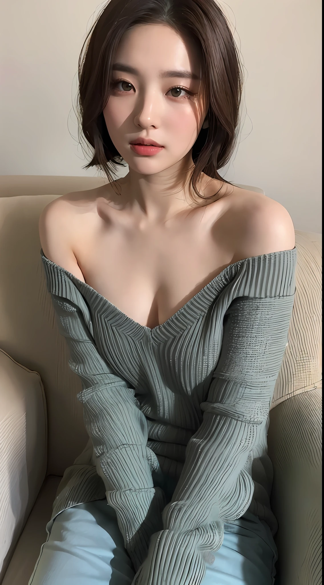 ((Night view, realistic light, best quality, 8k, masterpiece: 1.3)), 1girl, pretty woman with slim figure: 1.4, (brown hair, medium breasts: 1.3), off-the-shoulder cut top: 1.3, sofa, super detailed face, detailed eyes, double eyelids