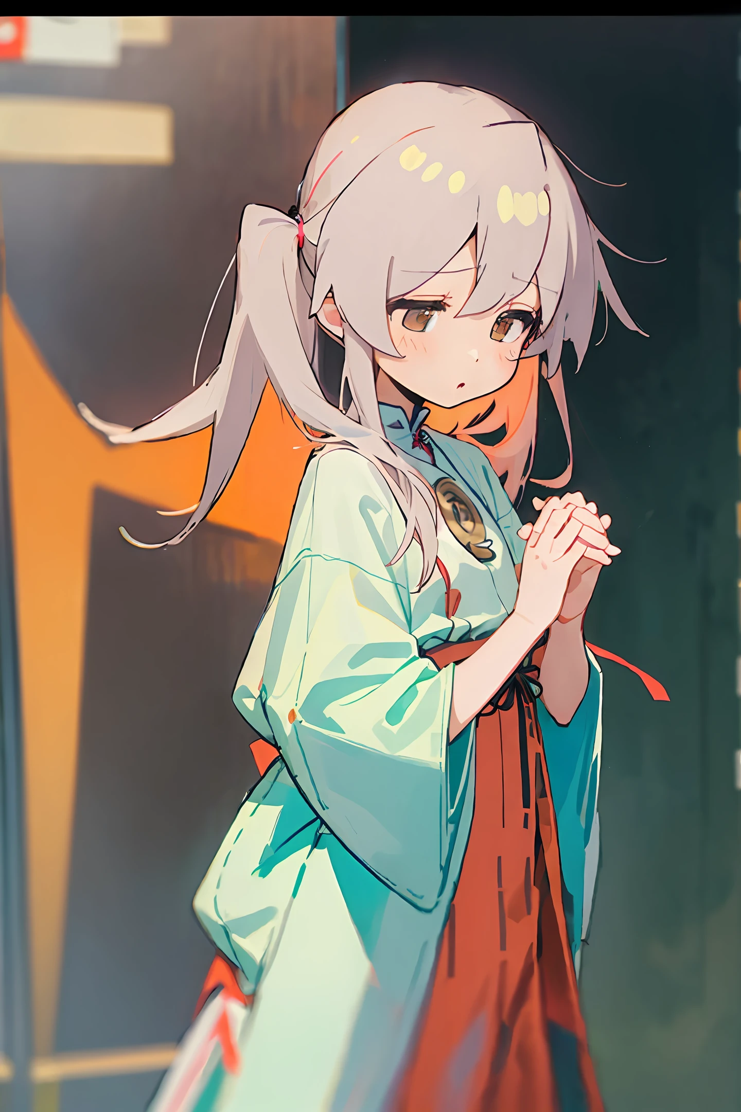 女の子1人、I'm desperately begging、entreaty、miko clothes、Hands together in front of you、impatience、Sorry、twintails、a blond