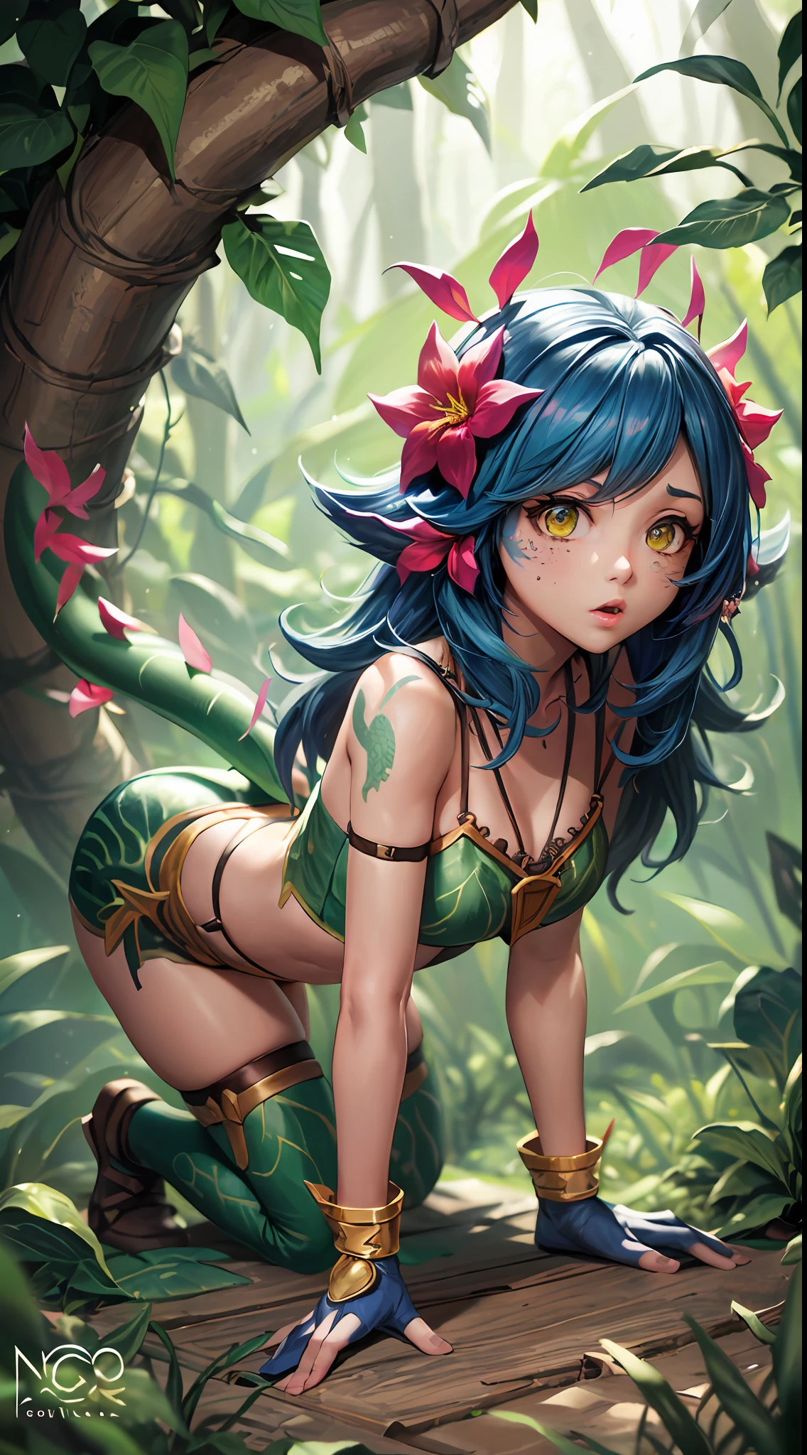Best quality, Intricate details, 1girls,Nico，league of legend，((stooping)),((Bend over))，watchfulness，vigilante， facial marks, hair ornament, hair flower, necklace, shortpants, Crop topping,(Green lizard tail), forests, jungles, the rainforest, botanic, green trees