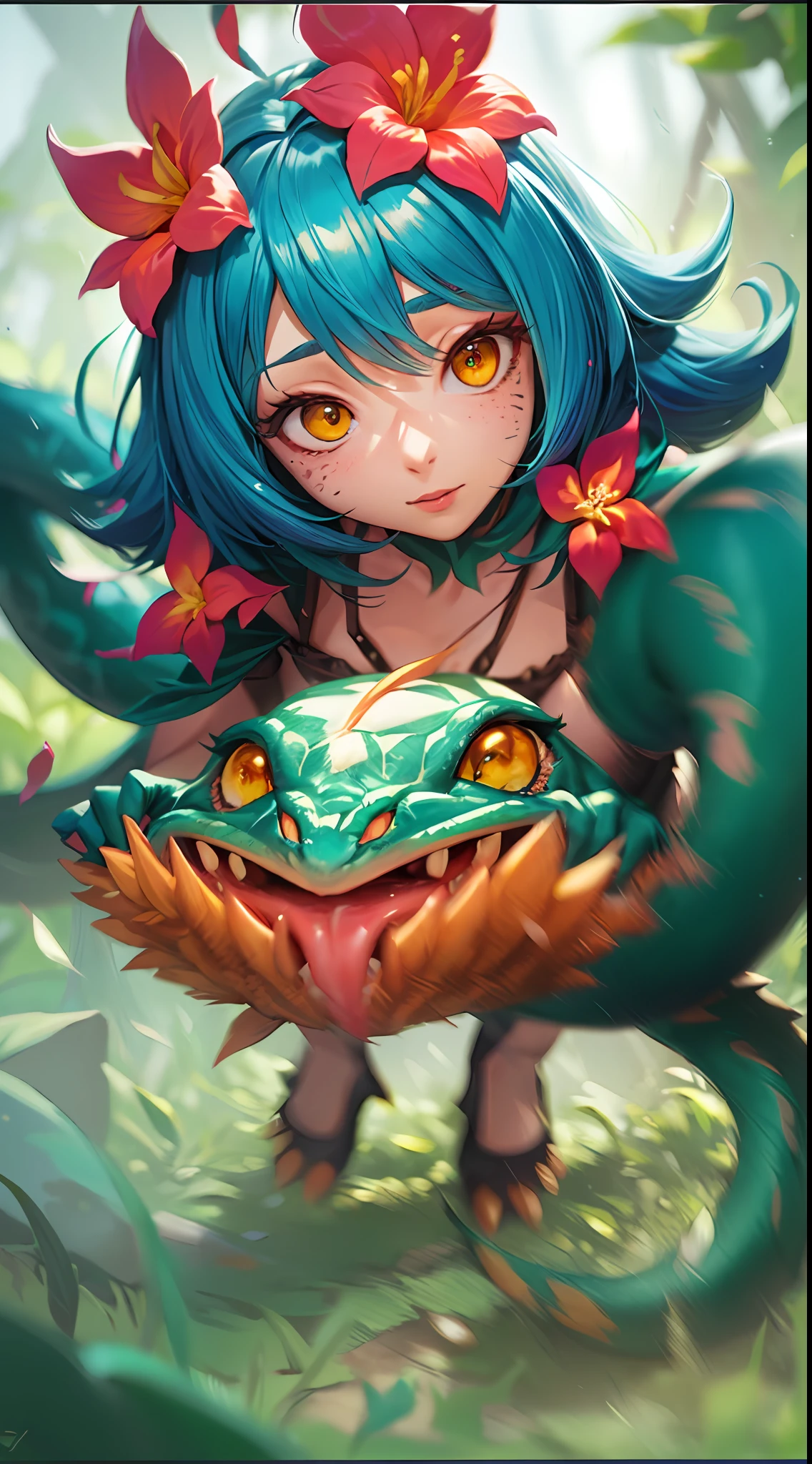 Best quality, Intricate details, 1girls,Nico,league of legend,((stooping)),((bend over)),watchfulness,vigilante, facial marks, hair ornament, hair flower, necklace, shortpants, Crop topping,(Green lizard tail), forests, jungles, tropical rainforests, botanic, green trees