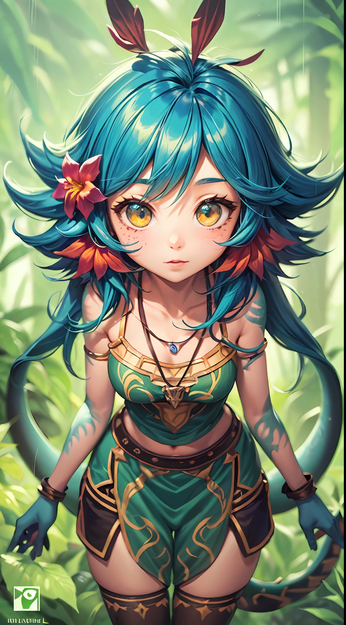 Best quality, Intricate details, 1girls,Nico,league of legend,Bend over,watchfulness, facial marks, hair ornament, hair flower, necklace, shortpants, Crop topping,(Green lizard tail), forests, jungles, tropical rainforests, botanic, green trees