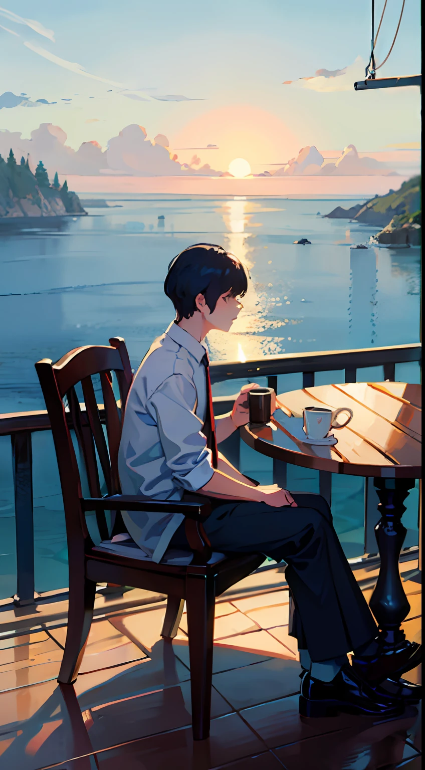 Sunny day at dawn、On a hill with a view of the sea、With one cat、While sitting in a rocking chair、In a white shirt and pants attire、A man brewing coffee while looking at the sea。