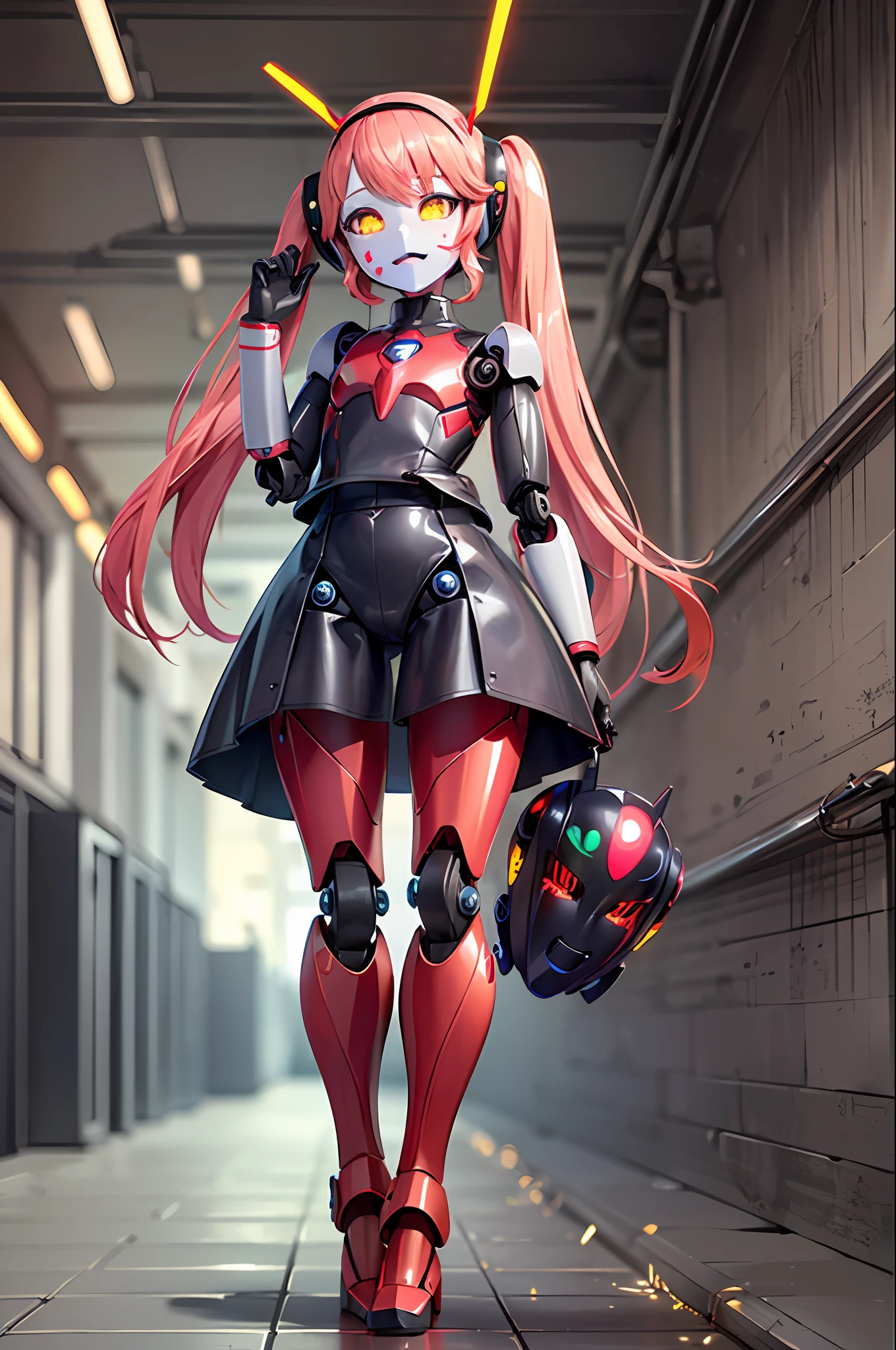 (best-quality:0.8), (best-quality:0.8) , robot girl with shiny redmetallic skin, (loli:1) factory, (shiny ped plastic robot face:1.7), (long multi-coloured plastic hair:1), flat chest, glowing eyes, twintails, full body, happy, welding, charging cable, (sparks;1), high heels, petite, half body shot