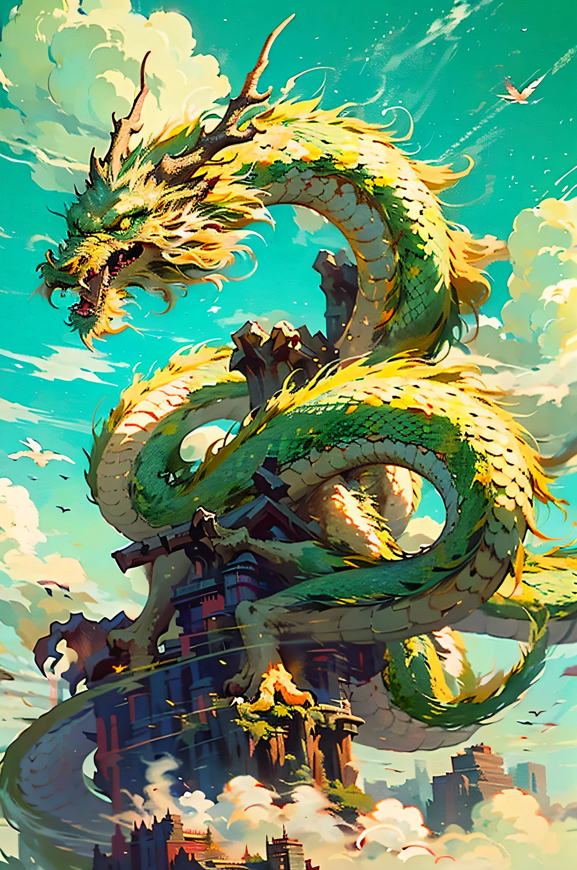 best possible quality，杰作，The ultra-great resolution，without humans，（largo：1.2），skies，yellow  eyes，the clouds，lllustration，Green oriental dragon，openmouth，Sharpteeth，fly，antlers，teeth，daysies，claws，fang，a blue sky，4k，HD graphics