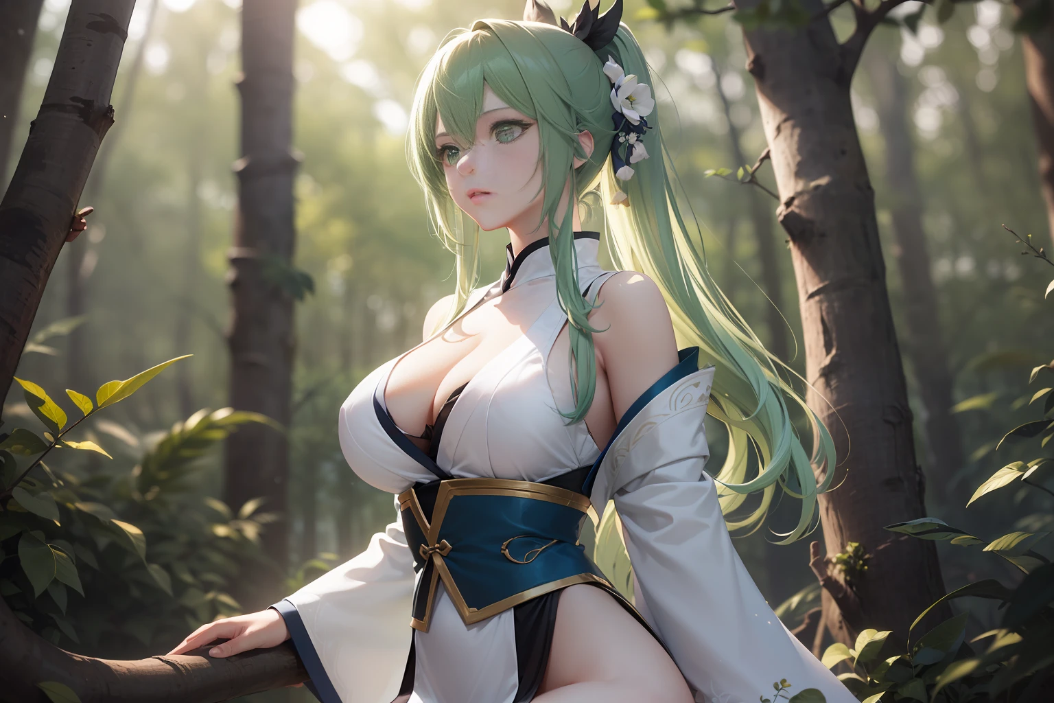 (CG Unity 8K wallpaper in extreme detail,杰作,Highest image quality),(Delicate light and shadow,The picture is highly dramatic,Cinematic lens effect), White gradient to green hair color,Long single ponytail,huge breasts green eyes,Lovely face,Lori,White Hanfu,bare leg,Sit on a branch,The background is the forest(Exceptional detail,The lighting effect is outstanding,Vista wide angle),(Excellent rendering,Enough to stand out from the crowd),