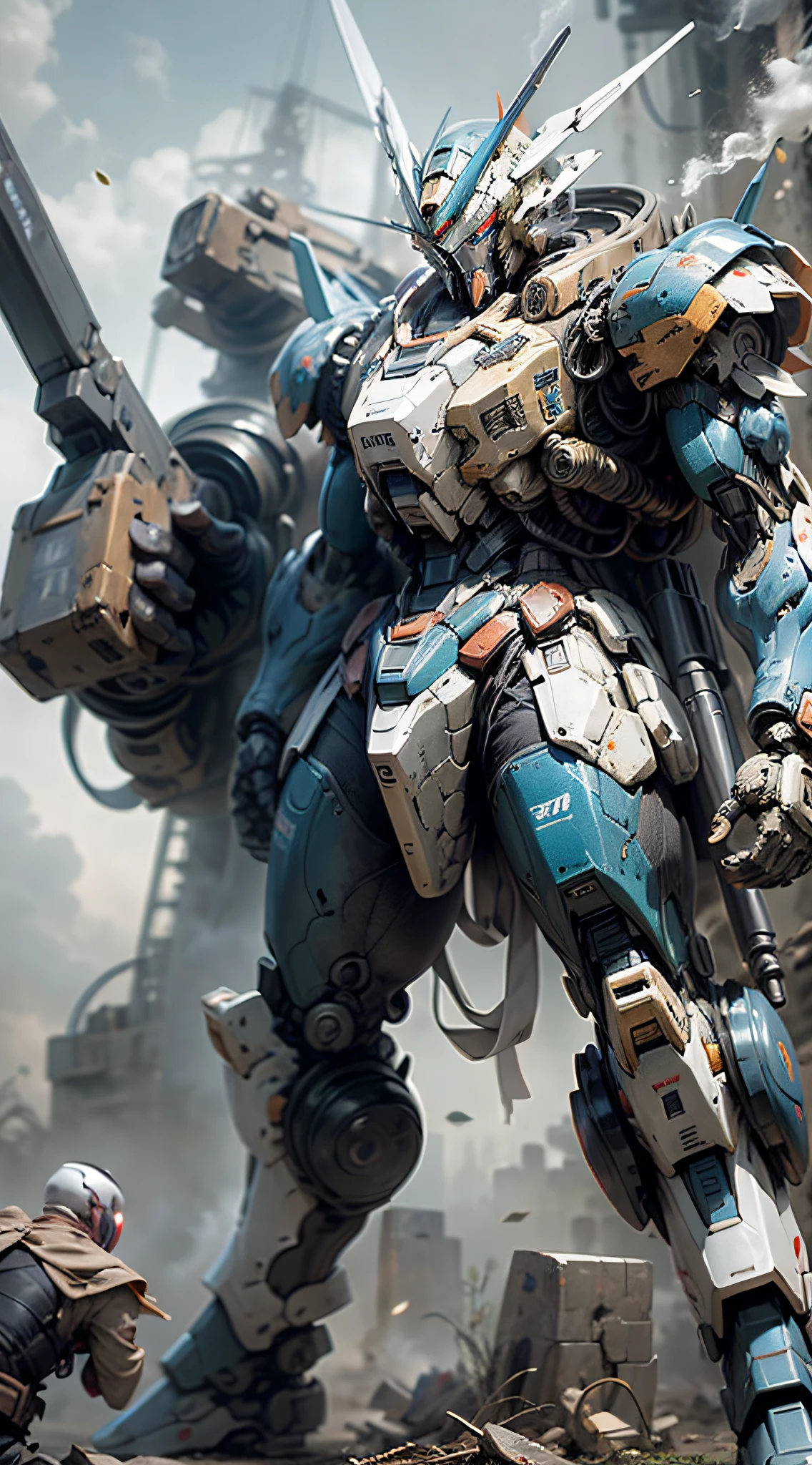 This is a hyper-detail、High resolution and top quality CG Unity 8k wallpaper，Combination of Man and Gundam，It is mainly blue and white。In the picture, A short haircut，A grim-faced male appears，s delicate face，Wearing a steam mech mask，Standing on the ruins，Huge robots as carriers，The action of a Gundam combination holding a heavy sniper rifle in his hand，