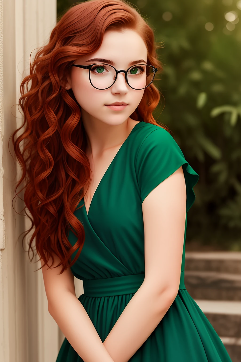 A girl with fiery red wavy hair, gray eyes, round glasses in a thin frame, in an emerald-green dress with open shoulders
