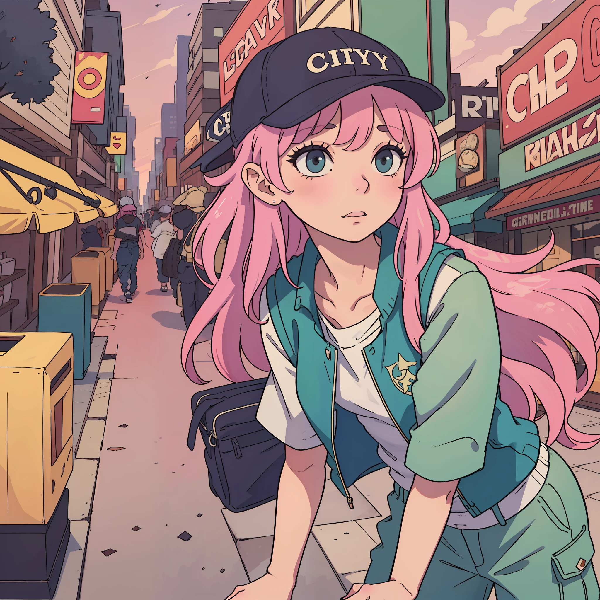 Pink Long Hair，a pregirl，baseball cap，Stylish vest，Middle chest，cargo pants，Film perspective，A bustling city，Feel at ease