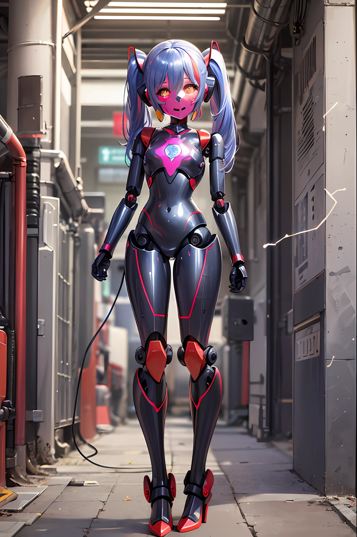 (best-quality:0.8), (best-quality:0.8) , robot girl with shiny red metallic skin, (loli:1) factory, (shiny ped plastic robot face:1.7), (long multi-coloured plastic hair:1), flat chest, glowing eyes, twintails, full body, happy, welding, charging cable, (sparks;1), high heels, petite, half body shot