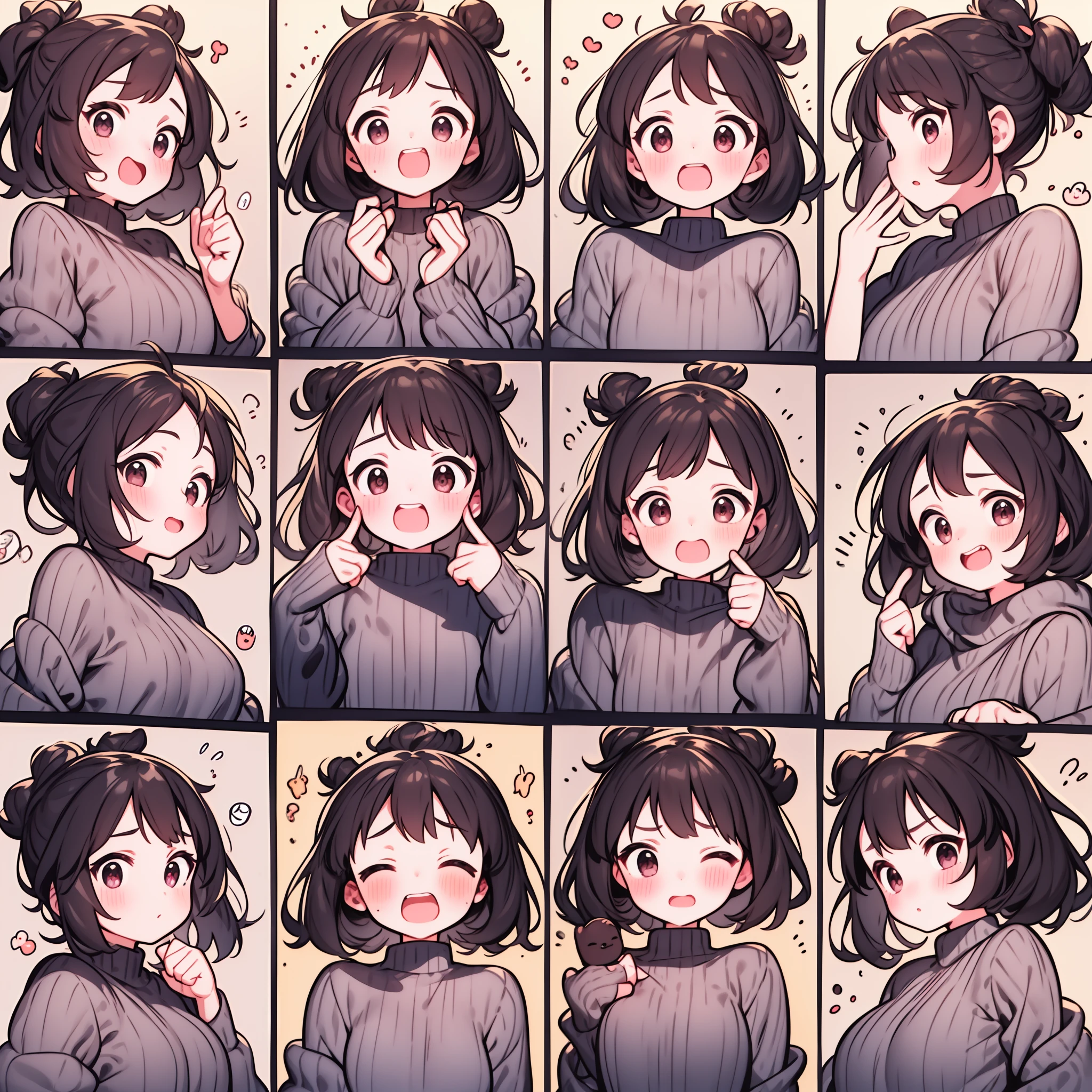 Cute girl avatar，emoji pack，9 emojis，emoji sheet，Align arrangement，Multiple Poses and Expression（Grieving，astonishment，having fun，excitement，big laughter，Touch your head，Sell moe, wait），Anthropomorphic style，Disney style，Black strokes，Different emotions，Multiple Poses and Expression，8K