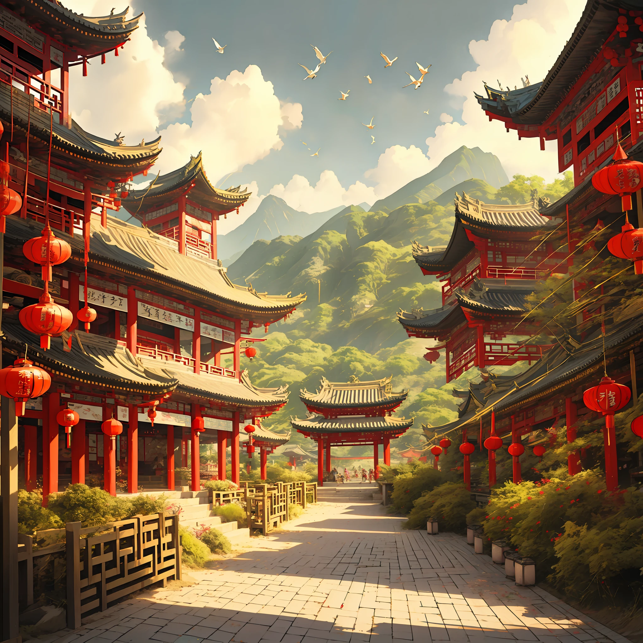 architecture, east asian architecture, scenery, lantern, pagoda, al fresco, sky, paper lantern, clouds, Bird, Buildings, tree, standing, mountains, bridge, holding, Multiple girls, 6+A boy, day, masterspiece, beste Quality,