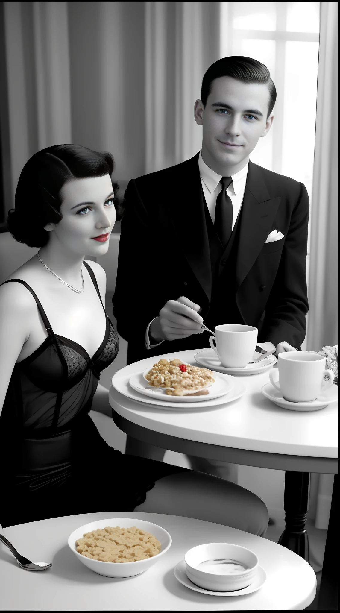 (analog film+retro style) A man in 1930's attire sitting at the breakfast table, eating cereal casually, showing a bored expression next to an alluring woman in delicate retro lingerie.