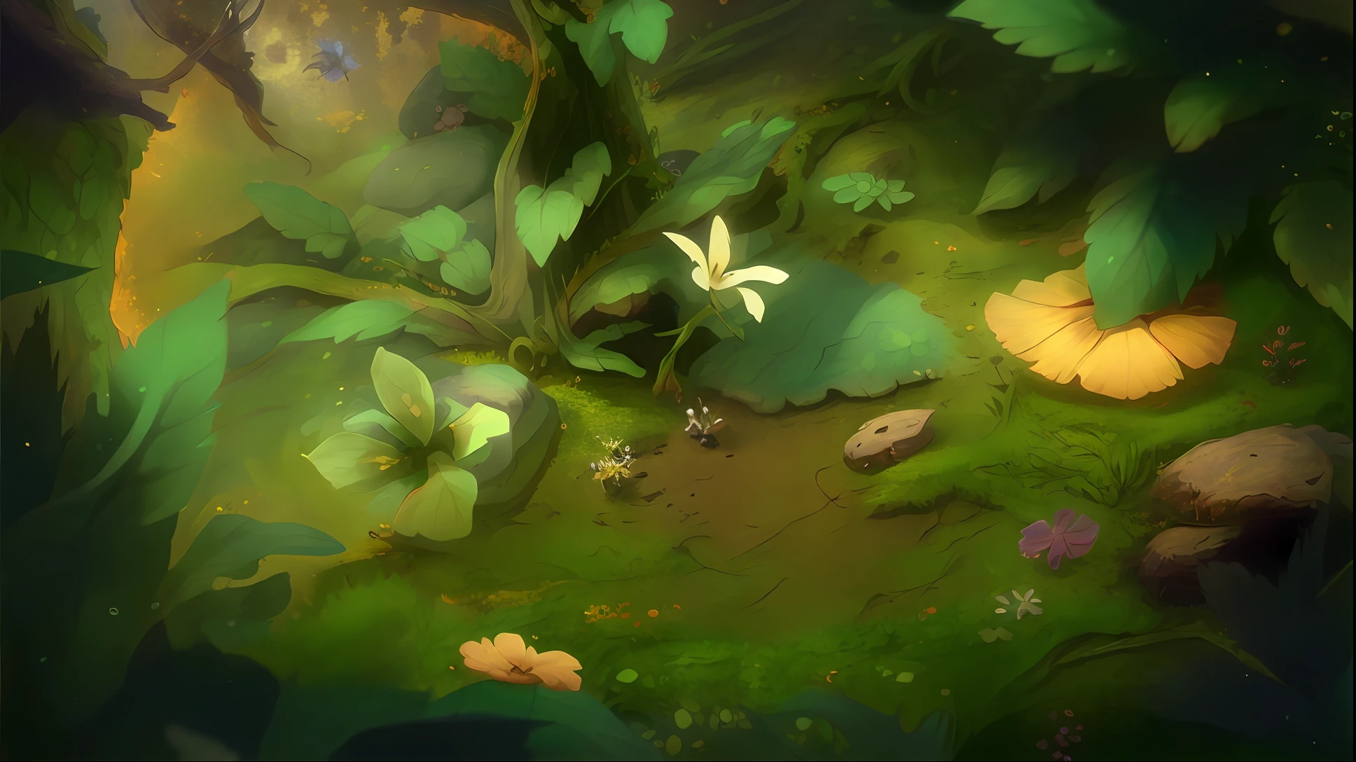 (Microscopic perspective)(Overlooking)，In the forest there is(Fantasy Forest+Fantasy flowers and plants+Fantasy leaves+Fantasy vegetation+Fantasy stones)，Feel the atmosphere surrounded by plants，Pixar  style，Pixar movies，best qualitiy，Best material，Best resolution，A masterpiece