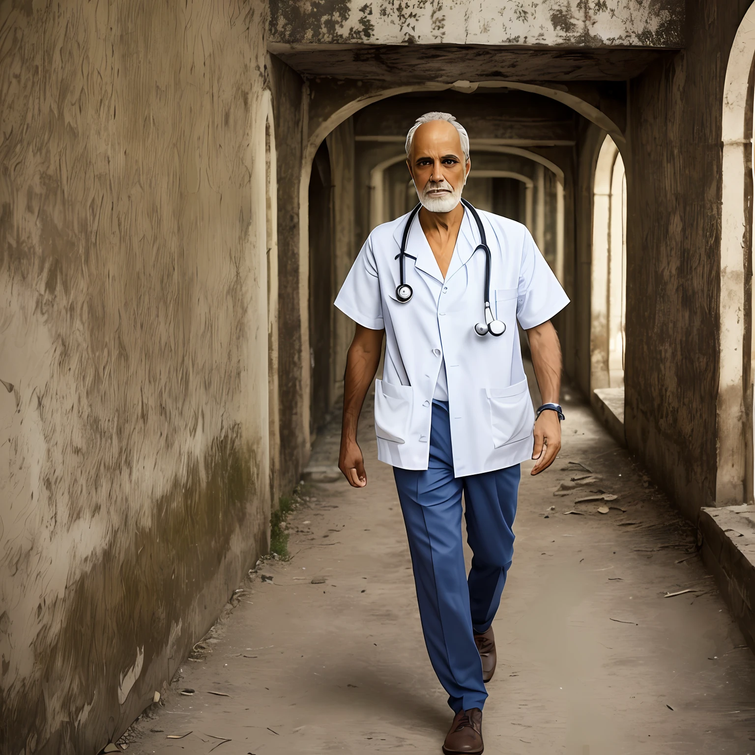 middle-aged doctor,barba branca  ebata branca, suja de dangue,passeando pelos corredores de um hospital vazio, em ruinas, com olhar deprimido,tired hands in pockets --auto