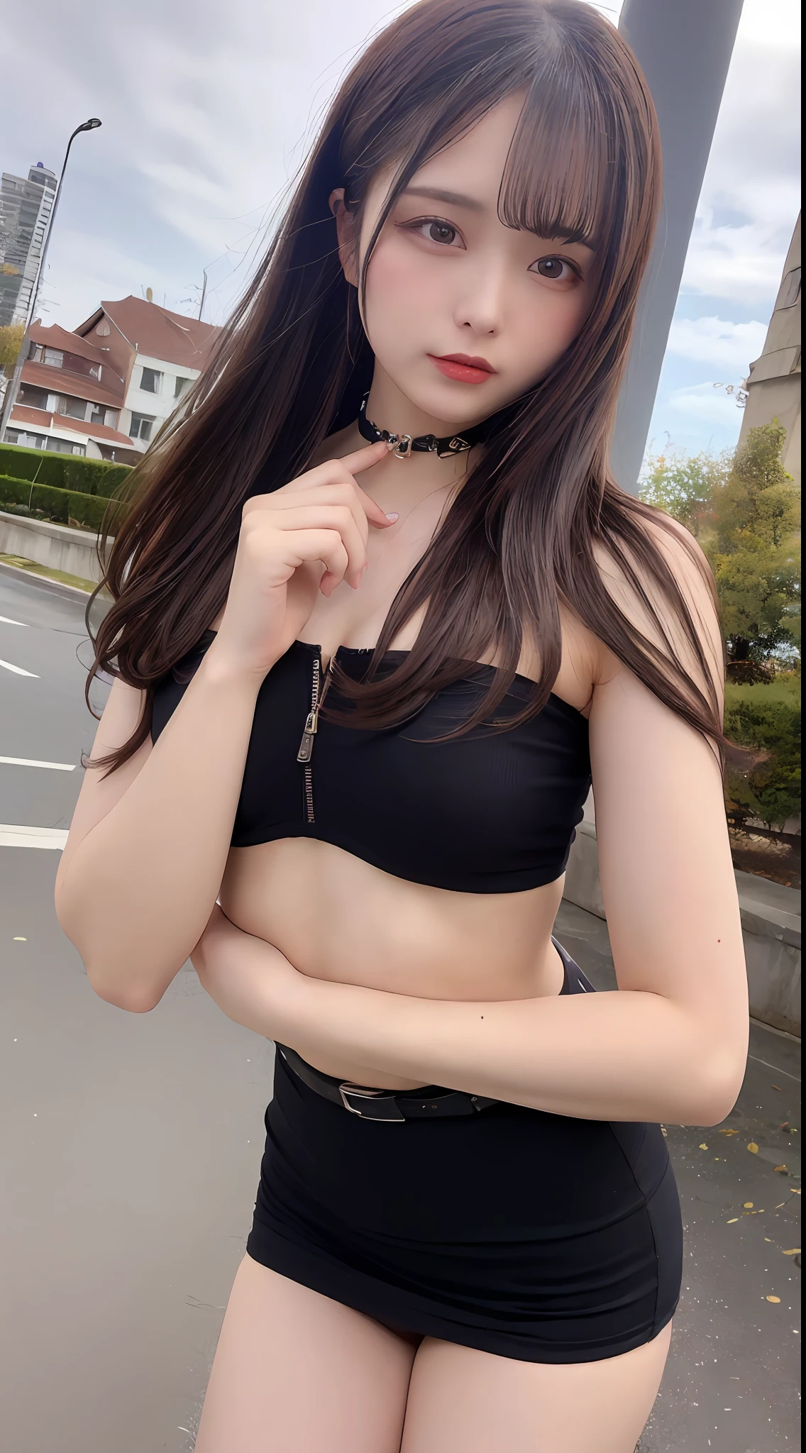 (beste Quality、highly resolution、巨作:1.3)、Tall and cute woman、Slender abs、Dark brown hair styled in loose waves、chests、Wearing underwear、、belts、Black skirt、(Modern architecture in background)、Details exquisitely rendered in the face and skin texture、detailed eye、Double eyelidd