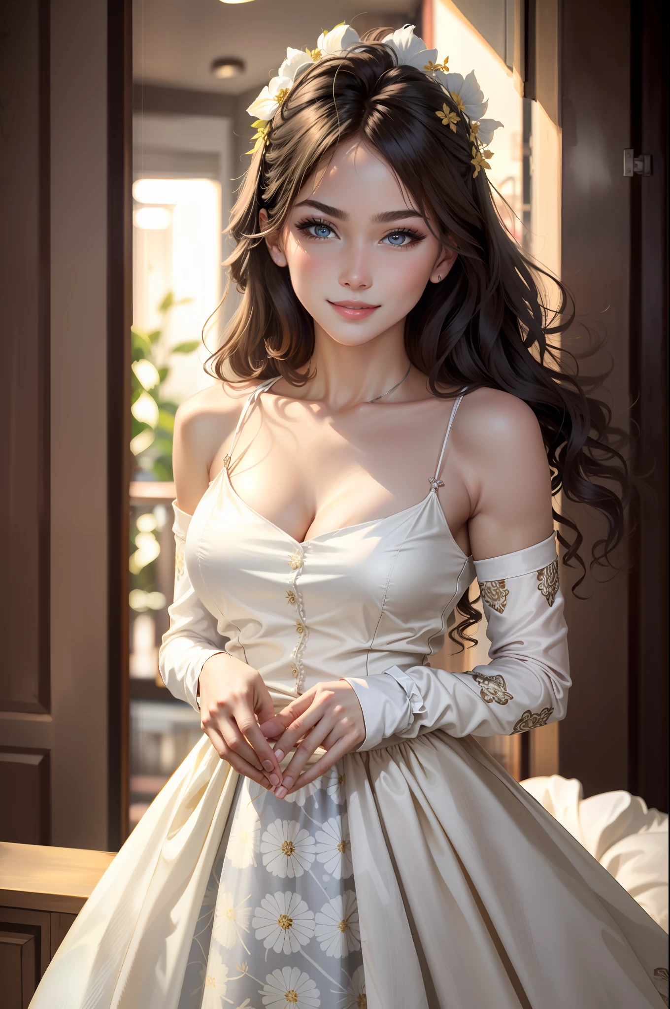 ((Best Quality, 8K, Masterpiece: 1.3)), 1girl, Slim Abs Beauty: 1.3, (Hairstyle Casual, Big Breasts: 1.2), Dress: 1.1, Super Fine Face, Delicate Eyes, Double Eyelids, Smile, Home