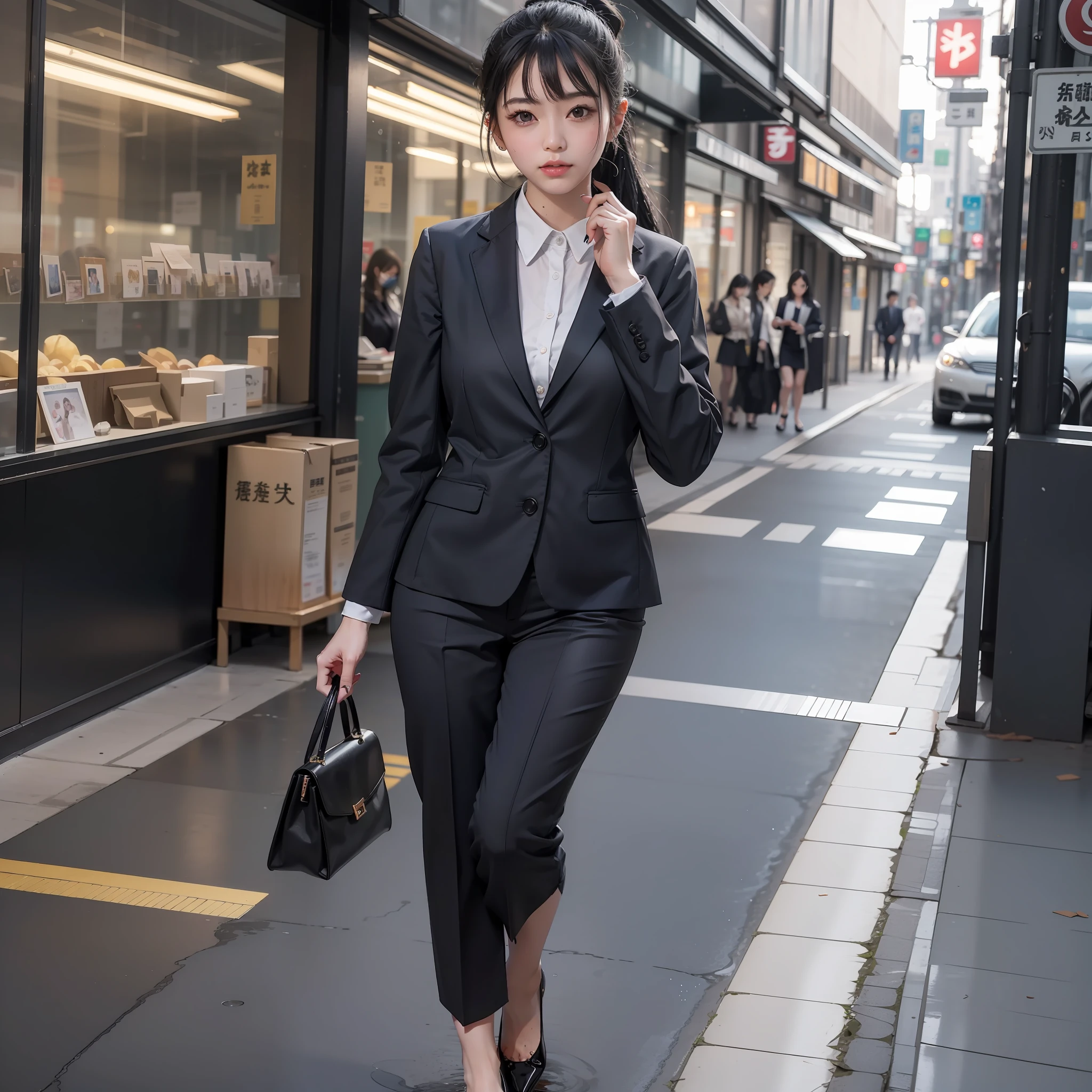 Masterpiece、Top image quality、beste Quality、Photo quality、8k、Beautiful work、Realistic people、WET、Accountant woman working in Japan office、Wearing a very elegant suit、Black hair ponytail with bangs hanging down a little on the face、Office Lady Style、A full body shot、Stroll through the urban arcades
