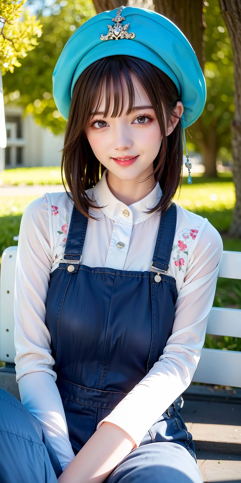 (8k, RAW photo, photorealistic:1.25), (large breasts), (highly detailed skin:1.2) dungarees , bra top , Black beret, well sunlit, outdoor,  floral tattoos BREAK , bangs, blunt bangs, ulzzang, smile,  looking at viewer with a serene and goddess-like happiness