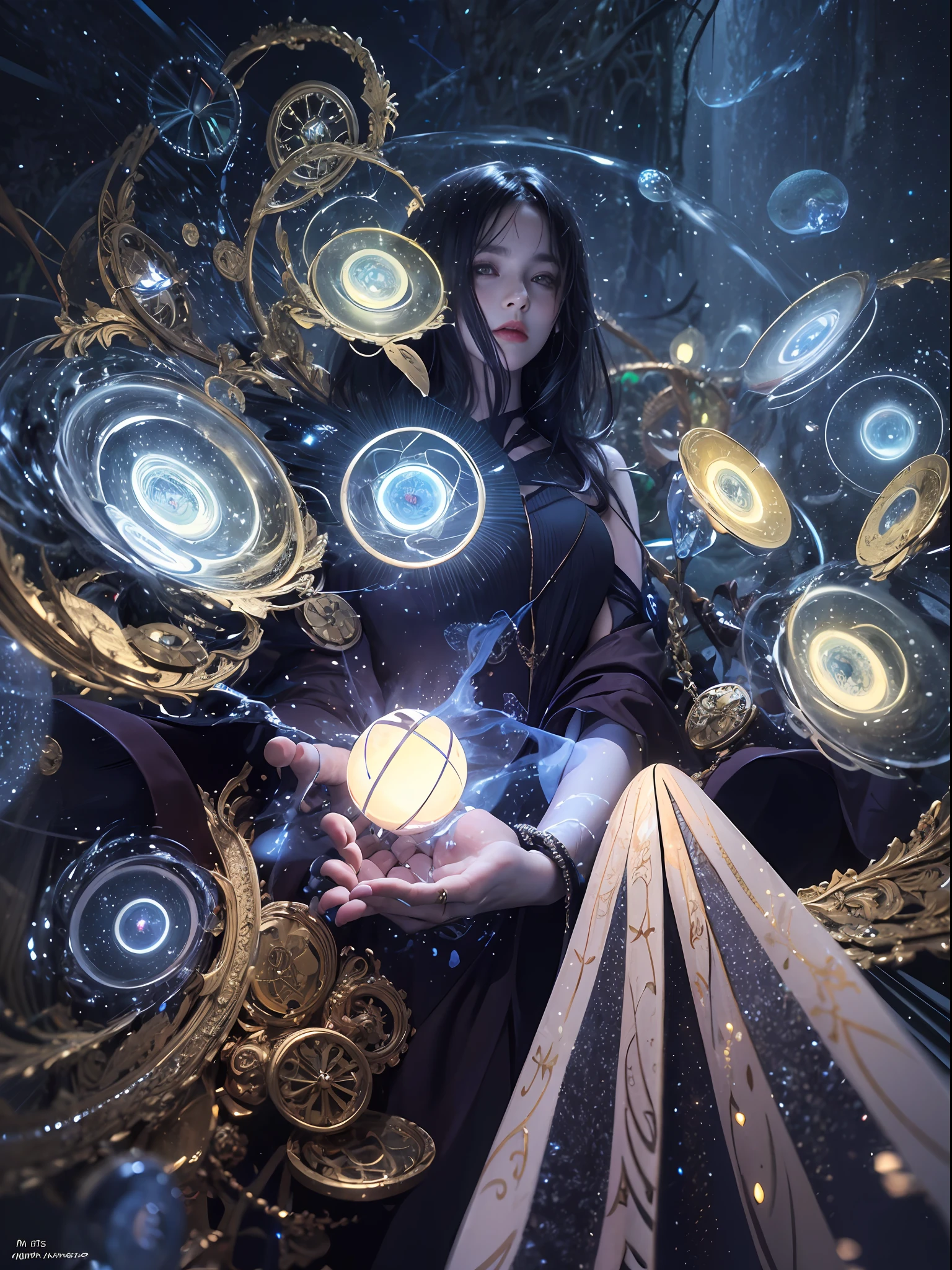 1girl, (witchcore, witchcraft, pagan, mystical, nature, occult) , magician, spell magic, magic circle, ((magic in hand)),(masterpiece, best quality:1.4),(absurdres, highres, ultra detailed:1.2),(using light magic:1.4),water magic, imaginative overlays, artistic fusion,fantastical scenes, evocative narratives, striking visuals, upper body ，(((best quality))),(((ultra detailed))),(((masterpiece)))